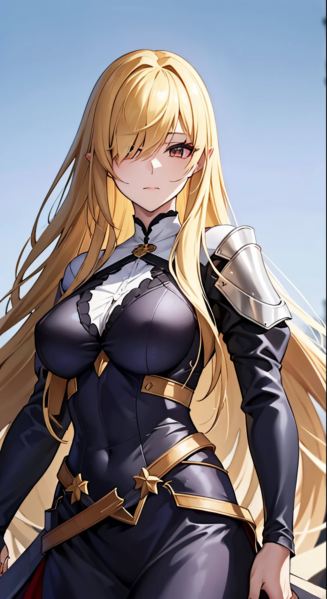 (table top, highest quality), (High resolution, Super detailed), (absurd, perfect anatomy), outdoor,One eye is hidden by hair, anime、beautiful girl、Shiny detailed design blonde long hair、gal、青色に輝くcoolな冷たい目、Detailed design of armor、swordsman、Brave sister、Standing picture, Sexy、cool、pressure、gothic,Bewitching