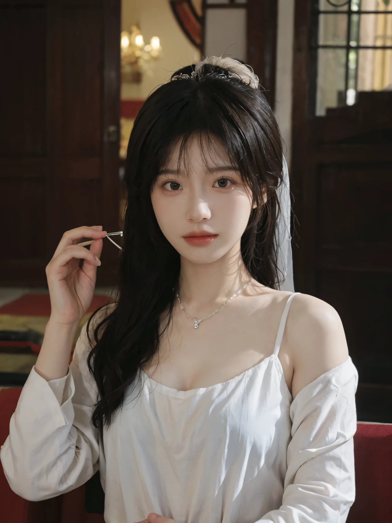 best quality, ultra high resolution, (realistically:1.4),cute hairpin,Baoyu Girl,Standing in the wedding hall,(flat chest:1.2) ,A pair of clear and charming peach blossom eyes,Royal sister,The sun shines on the face,Big wavy hairstyle,(necklace:1.2),(White skin:1.4),a sense of atmosphere,a beautiful girl,Looking directly at the viewer, Close-up cleavage ,(lifelike:1.4),1 girl,Sexy,(Upper body:1.4),(wet),(:1.2)