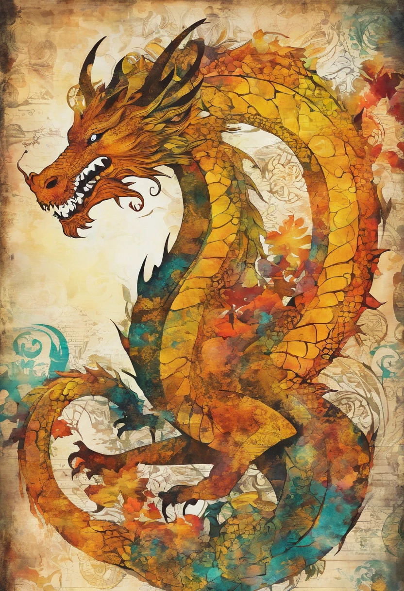 Dragon jaune ondoyant, Indian summer background ::2 colorful ink painting ::2 art fantasy