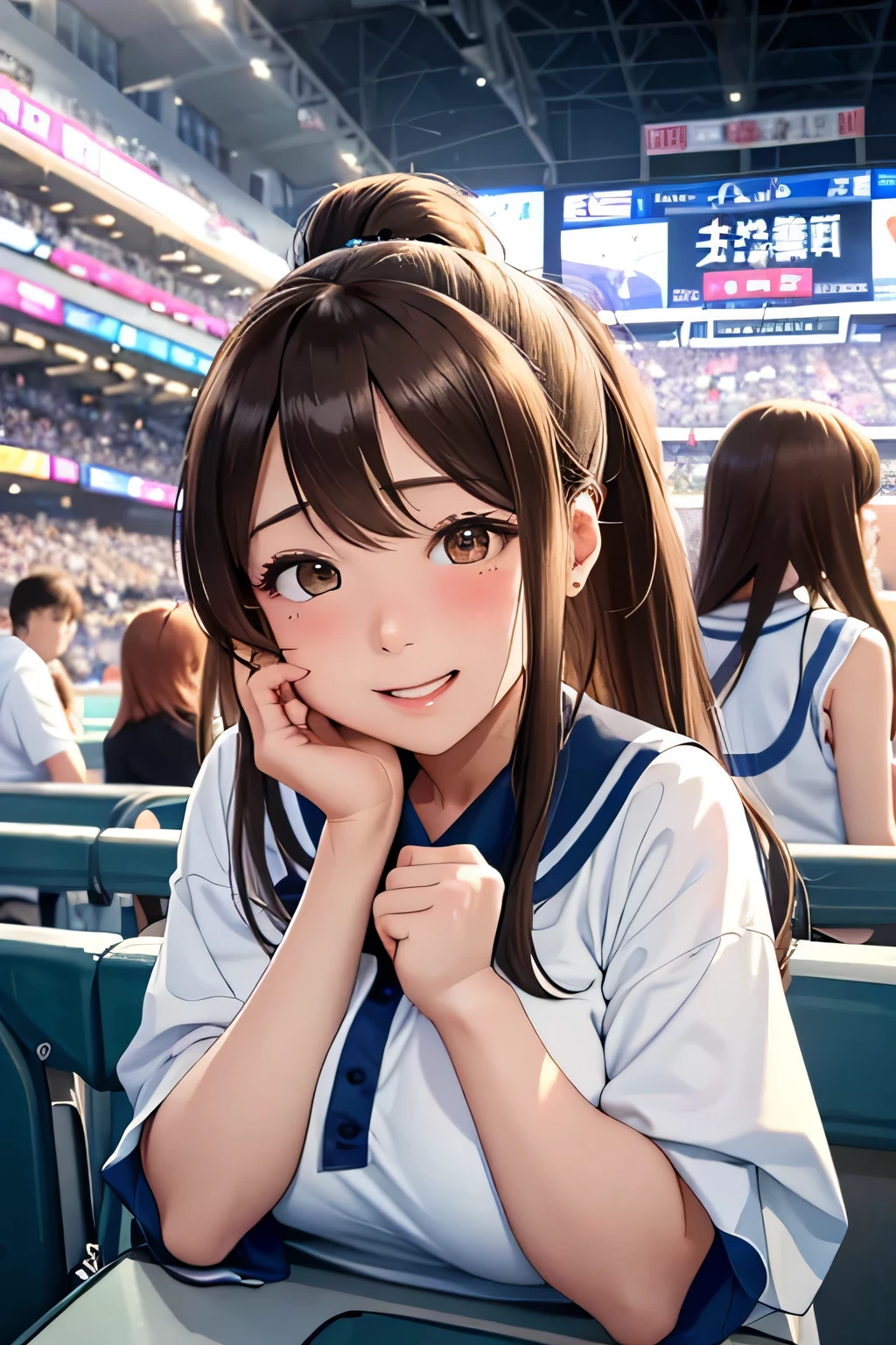 (highest quality:1.4)、(High resolution)、detailed background、(detailed beautiful face:1.4)、anatomically correct、(Depict the normal number of fingers:1.2)、(detailed facial expressions)、beautiful and smooth skin、beautiful fingers、Teenage beauty、(two women)、(huge breasts:1.3)、Cute hair colors、brown hair、ponytail、baseball Ground、Intense support and an enthusiastic atmosphere、Sexy sailor suit made of sheer material、No sleeve、emphasize cleavage、I&#39;m cheering for them enthusiastically.、Zoom in from the front、

(Two beautiful girls excitedly watch a sports game in the stands:1.5)、
(I&#39;m extremely excited、raise your arms、stretch your arms、show one&#39;s side)、
Eyes wide open、Mouth slightly open or smiling、A part of the body is moving slightly、
Your hands are shaking slightly or your body is swaying back and forth、A slight redness on the face and neck due to an increased heart rate