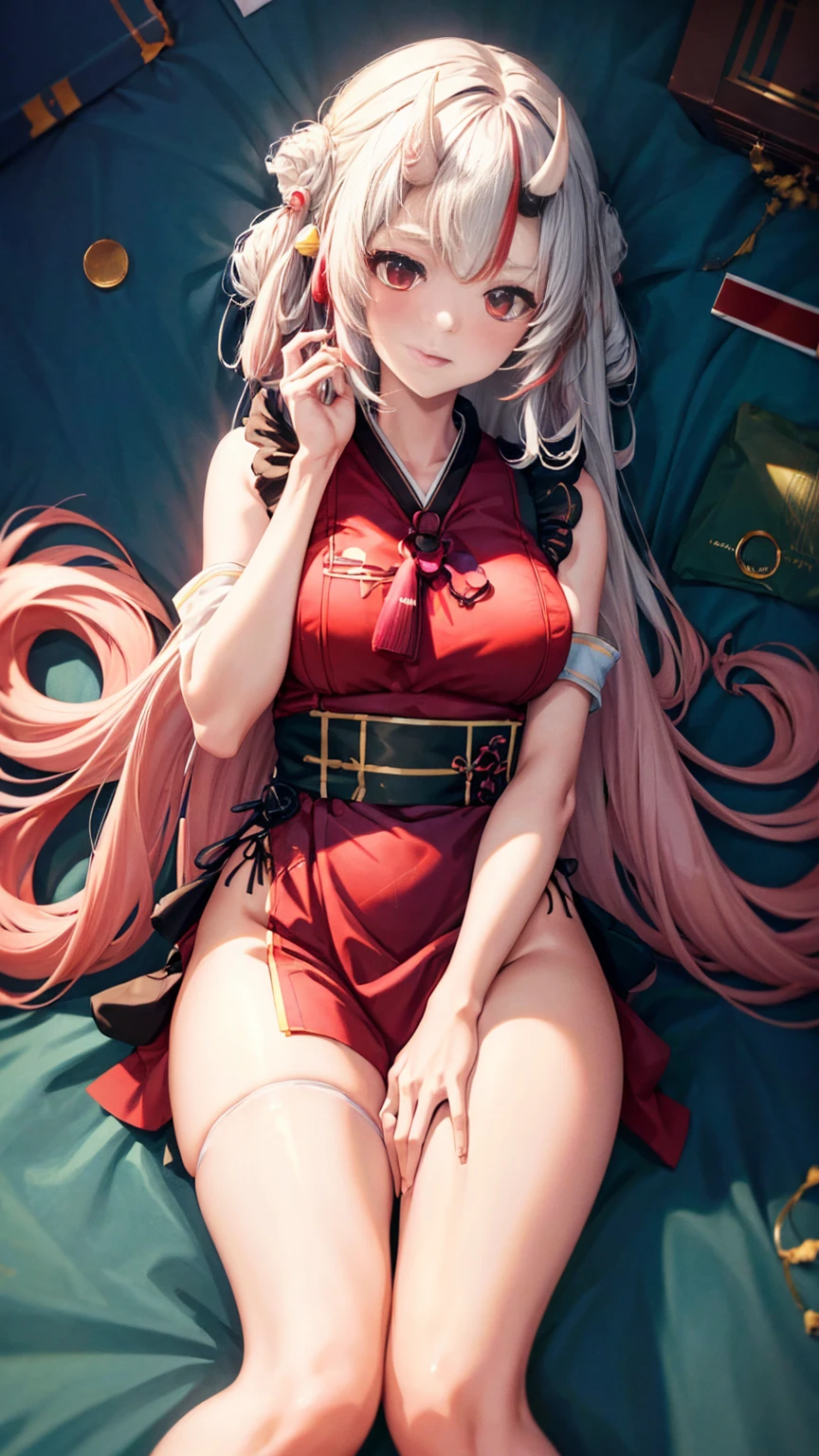 Anime girl sitting on chair, cute anime waifu in beautiful dress, azur lane style, Guweiz in Pixiv ArtStation, trending on artstation pixiv, Guweiz on ArtStation Pixiv, Anime goddess, onmyoji, trending on cgstation , anime style4 K, Guviz, perfect body, perfect breasts,((Best quality, 8k, Masterpiece :1.3)), Sharp focus :1.2, lewd face and holding a condom, ((hand between legs)), wearing legs, fishnet stockings, ((perfect face)), apron, nude, no underwear, slightly bent,hand between the legs, show pantie ,