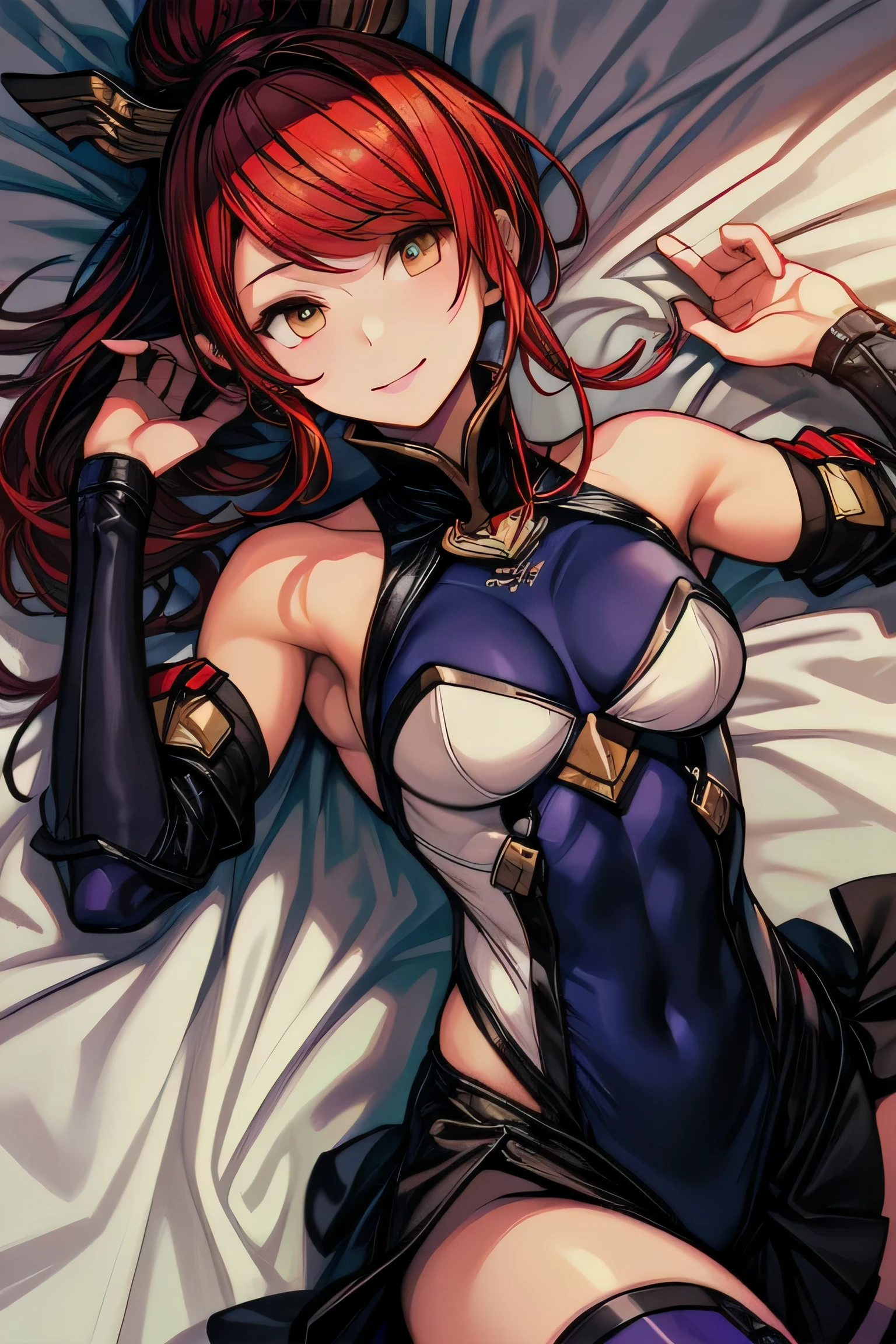 Izayoi (blazblue), orange eyes, red hair, ponytail, long hair, Small breasts, armor, bodysuit, boots, skin tight, skirt, thigh boots, thighhighs, 1girl, solo, facing viewer, looking at viewer, upper body, smile, lying down, lying on back
