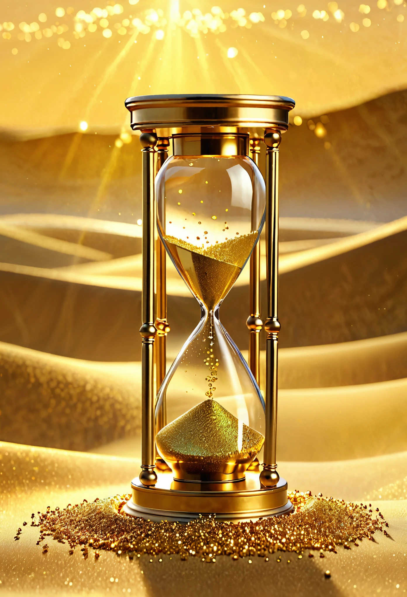 (best quality,highres),glimmering,hourglass,(shimmering,sparkling) golden sand,shimmering gold dust,sparkling gold flakes,vibrant colors,lustrous,illuminated,hypnotic,mesmerizing,dazzling golden light,rich textures,splendid reflections,magnificent details,ethereal beauty,serene atmosphere,golden rays of light,graceful movement,harmonious composition,delicate balance,iridescent colors,dynamic perspective,graceful curves,subtle shadows,meticulous craftsmanship,vivid contrasts,radiant warmth,glowing delicacy,luminous gold,transcendent beauty,fluid motion,enduring elegance,artistic brilliance,celestial allure,timeless fascination,hint of magic