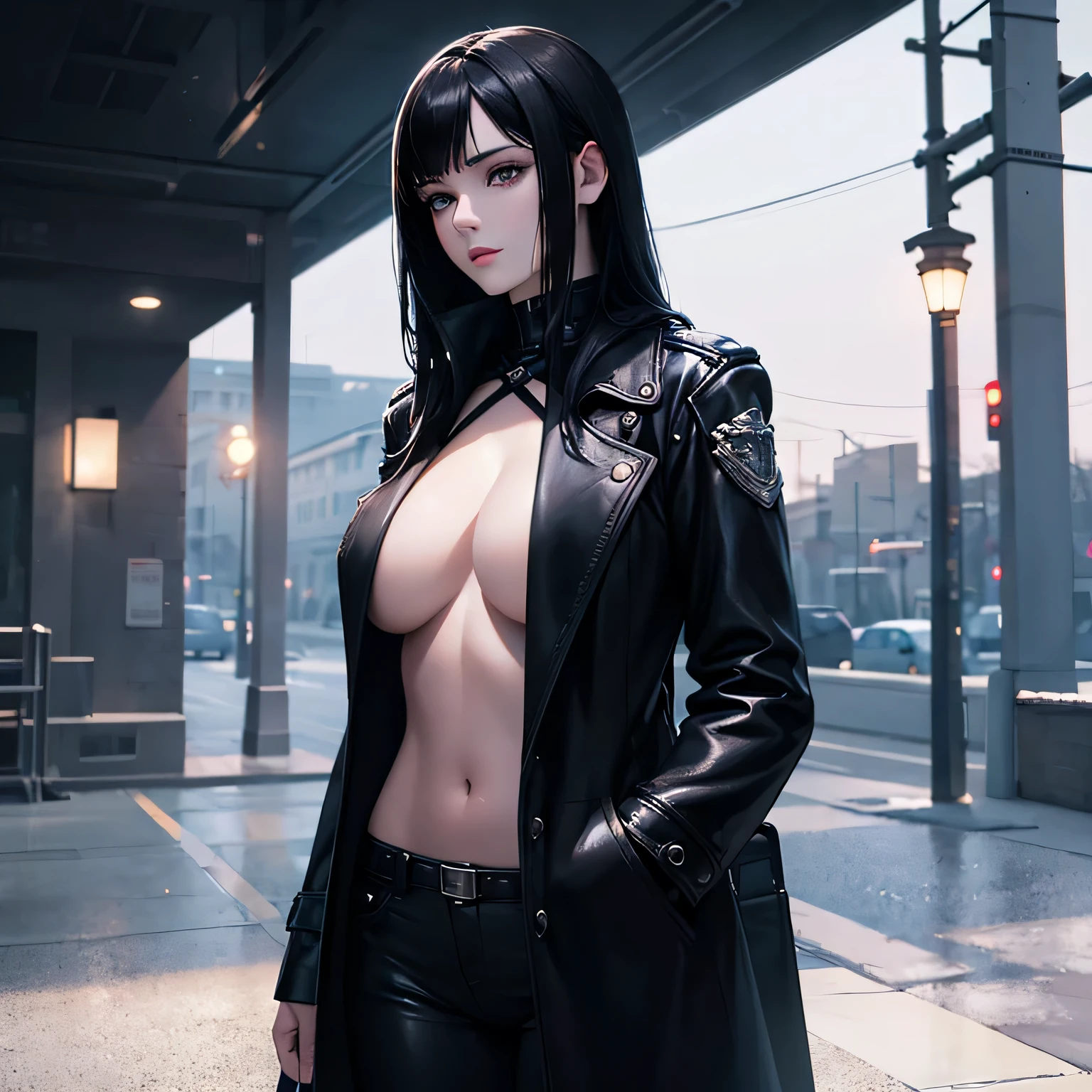 Beautiful girl with realistic black eyes, pale skin, medium length black hair, perfect face, perfect eyes, wearing a coat, very detailed, comprehensive movie, digital painting, 8K, cinematic lighting, highest quality, High resolution, well done!, Post-processing, perfect result, surreal，big breasts，