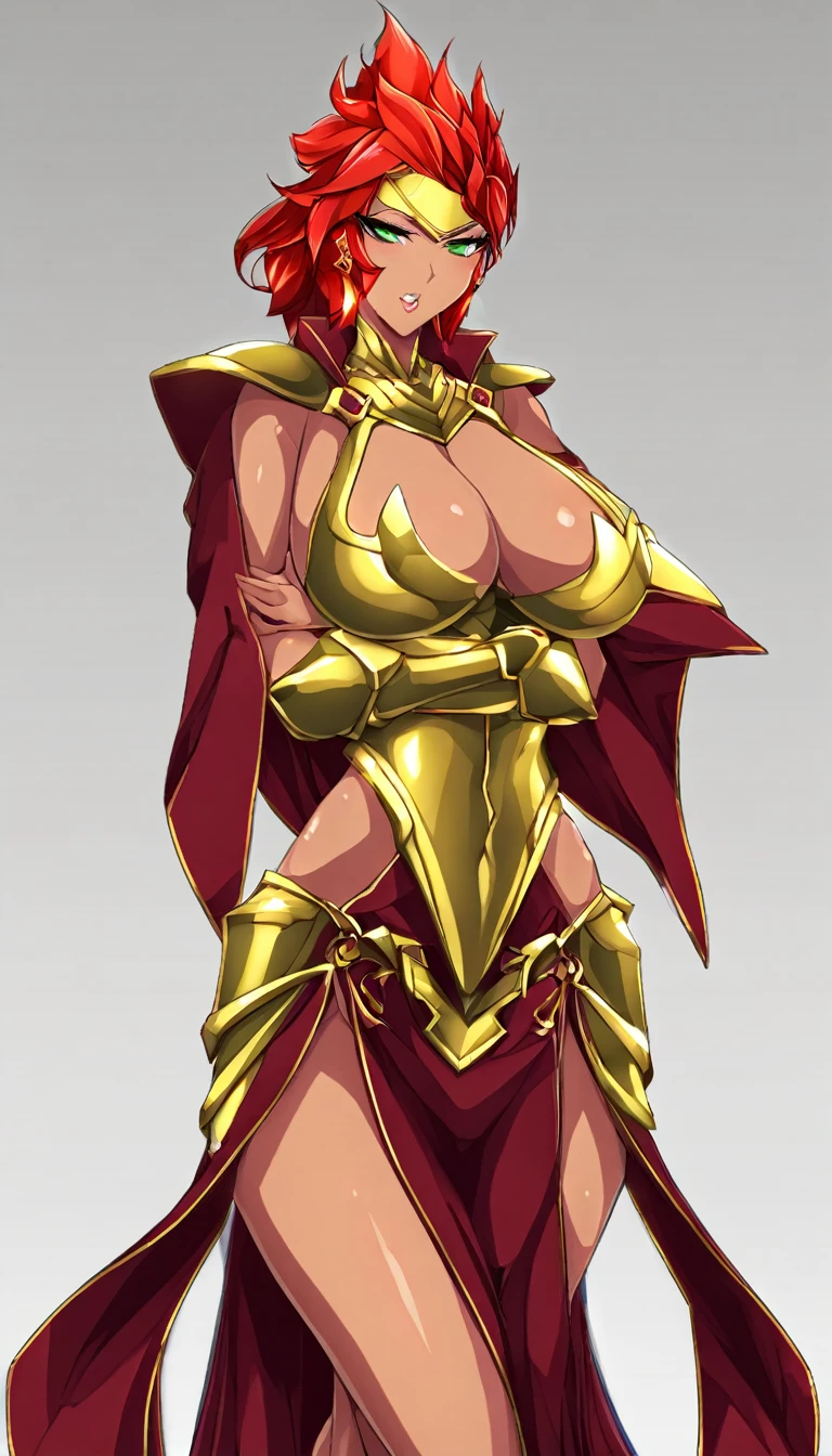 
A fiery-red-haired vixen with piercing green eyes, she wields a sword with grace and power. Her body is lean and fit, with curves that can make any man's heart race. Her skin is smooth and supple, with a golden tan that highlights her radiant beauty. Her outfit is a combination of both elegance and power, with a flowing red robe and golden armor plates that accentuate her boldness. Her voice is sultry and confident, with a hint of sassiness that makes men melt. She is the ultimate sex symbol of anime, with her mesmerizing beauty and fearless spirit.