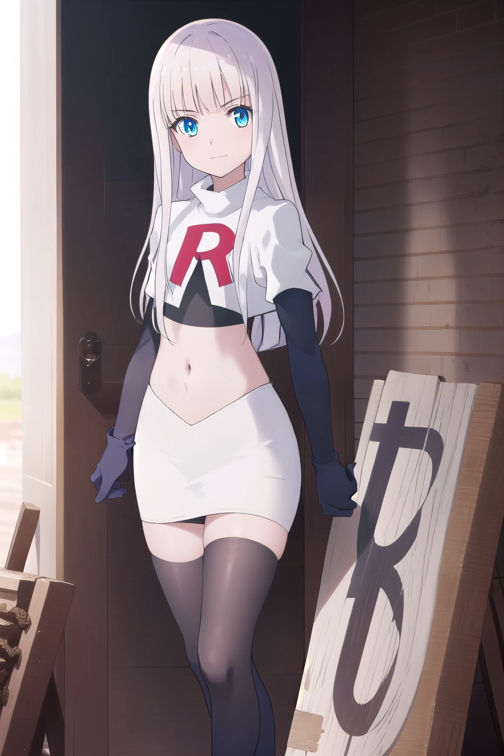 mira, anime, 1girl, solo, long_hair, looking_at_viewer, blue_eyes,  white_hair, small breasts,  soft smile, lake, yuzustyle , masterpiece, best quality, official art, extremely detailed CG unity 8k wallpaper, highly detailed, shiny skin, Depth of field, vivid color, team rocket,team rocket uniform, red letter R, white skirt,white crop top,black thigh-highs,black elbow gloves