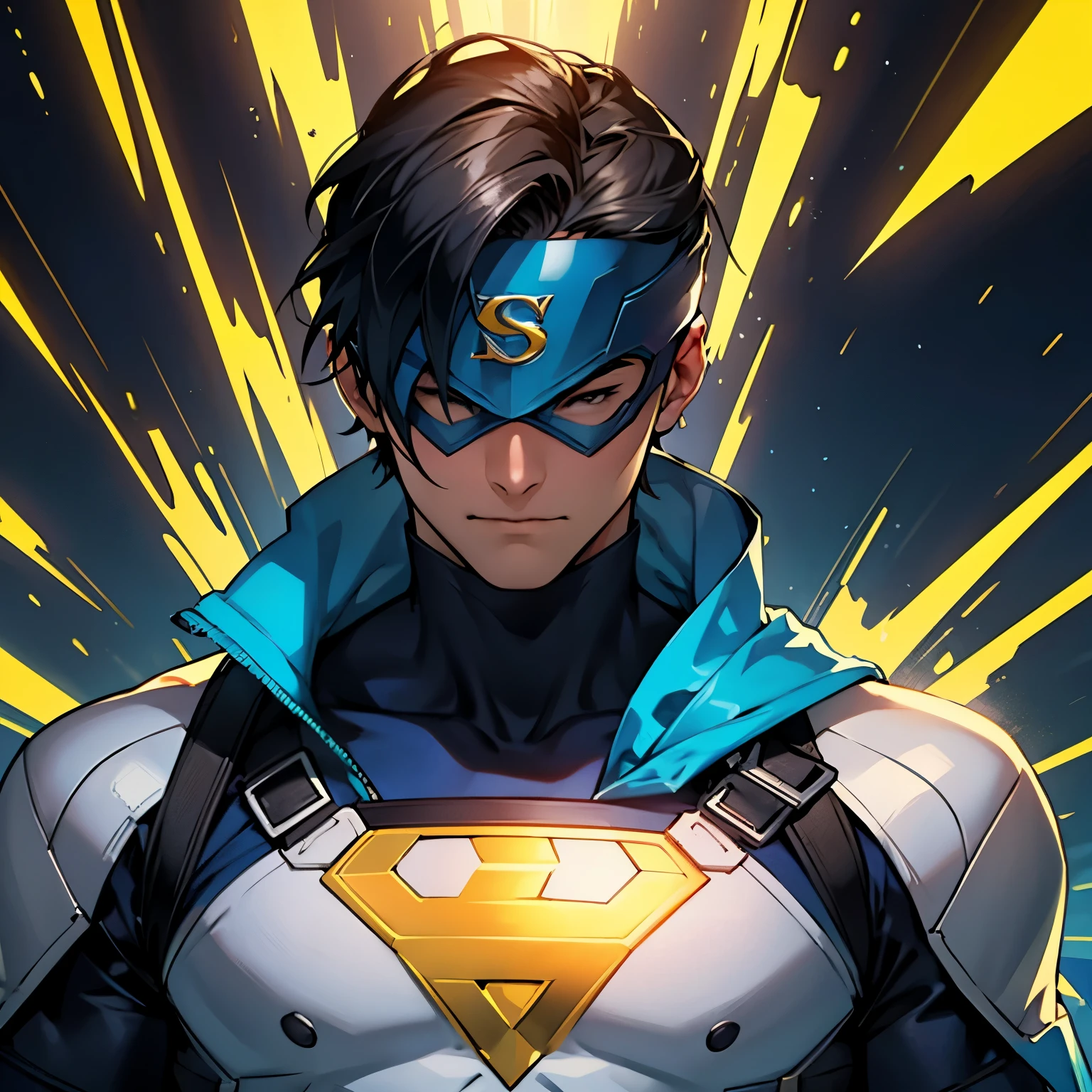Create an action-posed teenage superhero whose uniform is dark blue with gold details, ele ostenta um raio dourado no peito, he wears a mask that covers his eyes and ears, tem um cabelo escuro e espetado, olhos brilhantes, ele esta com um semblante de raiva, the environment is dark with neon light points