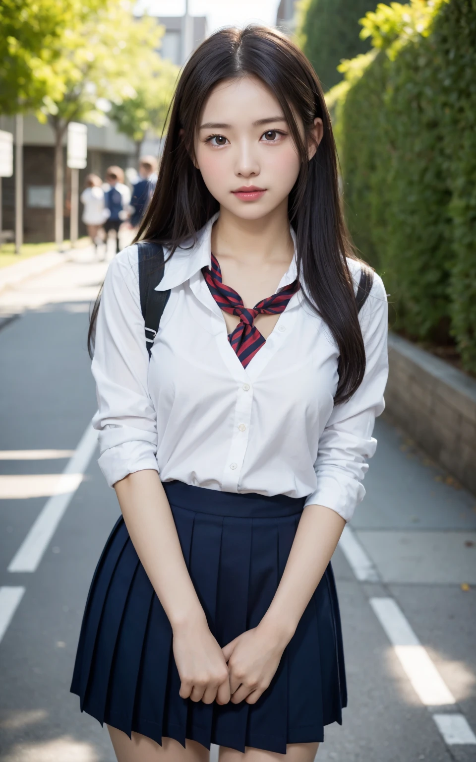 (8k、live-action、Raw photo、highest quality、masterpiece:1.2),(outdoors),((perfect lighting)),(濡れたhair),looking at the viewer,Looking at the front,sexy pose, raise one arm,cute笑顔,18-year-old,student,white skin,knees,small face,前hairを真ん中から分けます、I can see the forehead,skinny,skinny)、masterpiece,highest quality、超A high resolution,one person, solo,close up shot、cute、Return to student,(japanese school uniform:1.3),high school girl,japanese woman,standing,(フォトreal:1.37)、photon mapping,realistic、cutesmall face,brown eyes、prospect、Depth of the bounds written、blurred background、real,(前hairが見える), hair, kneesが見える, thigh,(Nogizaka Idol), actress、big and full breasts、cleavage、Super fine、low person、(Skin with visible pores:1.2)、(focus on face)、8 heads and bodies、Check and correct the skeleton