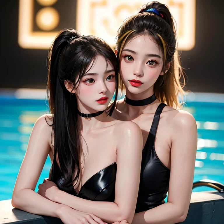 2 women hug each other, put your hand on your crotch, (One woman has green eyes, white skin, long black hair, ponytail, choker, small breasts, lipstick, compensate, eyeliner), (The other woman is blonde with brown eyes), wearing a neon sexy costume, on the pool, (cyberpunk theme), (masterpiece, highest quality, 8K, sharp focus, Depth of the bounds written, best shadow, perfect light, HDR, realistic skin texture, Super detailed and detailed background),
