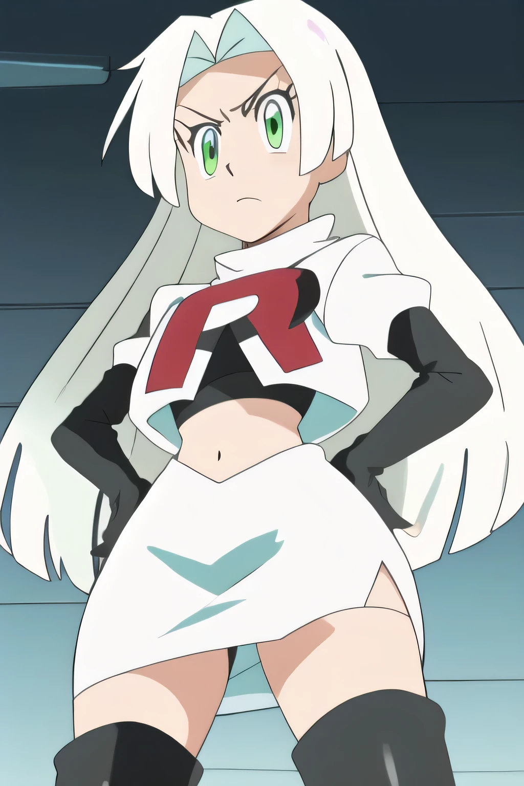 masterpiece, best quality,solo,white hair, green eyes,long hair, team rocket,team rocket uniform, red letter R, white skirt,white crop top,black thigh-highs,black elbow gloves8k, masterpiece,highres,team rocket uniform, red letter r, white skirt,white crop top,black thigh-high boots, black elbow gloves, glaring angrily, looking down at viewer, hands on hips, cowboy shot, zettai ryouiki,from below, black panties,anime style, vivid colors, sharp focus, intense lighting,