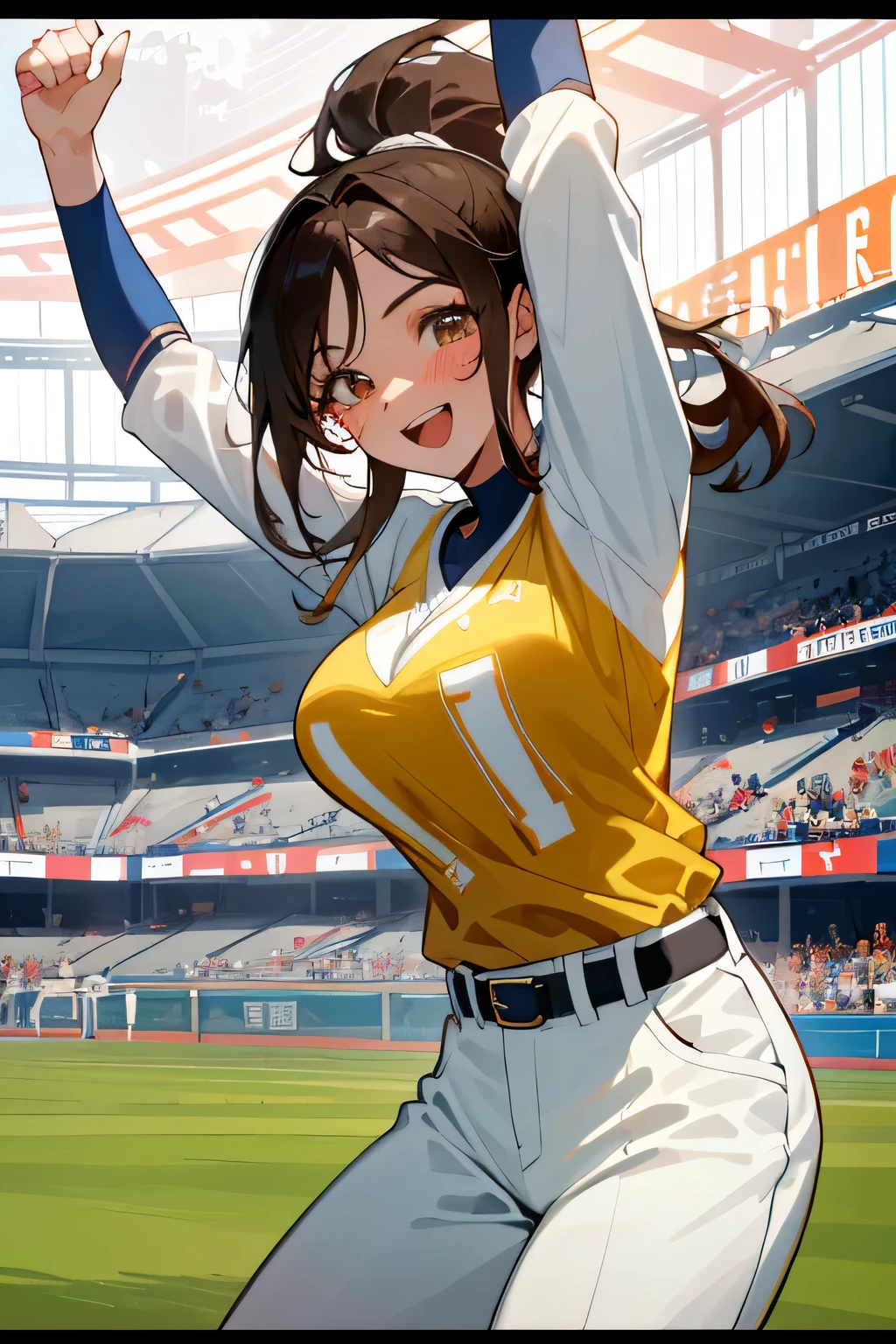 (highest quality:1.4)、(High resolution)、detailed background、(detailed beautiful face:1.4)、anatomically correct、(Depict the normal number of fingers:1.2)、(detailed facial expressions)、beautiful and smooth skin、Teenage beauty、(two women)、(huge breasts:1.3)、Cute hair colors、brown hair、ponytail、baseball Ground、Intense support and an enthusiastic atmosphere、Sexy sheer baseball uniform、No sleeve、emphasize cleavage、I'm cheering for them enthusiastically.、Cowboy shot from diagonal side、
(Two beautiful girls excitedly watch a sports game in the stands:1.5)、
(I'm extremely excited、raise your arms、stretch your arms、show one's side)、
Eyes wide open、Mouth slightly open or smiling、A part of the body is moving slightly、
Your hands are shaking slightly or your body is swaying back and forth、A slight redness on the face and neck due to an increased heart rate