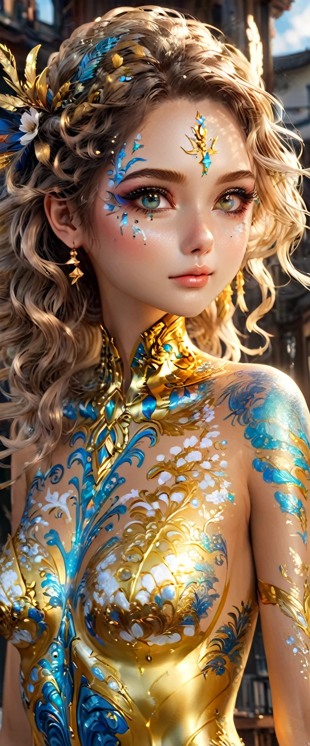 #quality(8k,wallpaper of extremely detailed CG unit, ​masterpiece,hight resolution,top-quality,top-quality real texture skin,hyper realisitic,increase the resolution,RAW photos,best qualtiy,highly detailed,the wallpaper,golden ratio), BREAK ,solo,#1girl(face paint gold:2.0,body paint gold:2.0,contraposto pose,do not use accessories,she is the most beautiful fashion model,perky breast,soft smile),#background(very simple,white,shade of her body),[NSFW:2.0],(bodypaint),(anime)