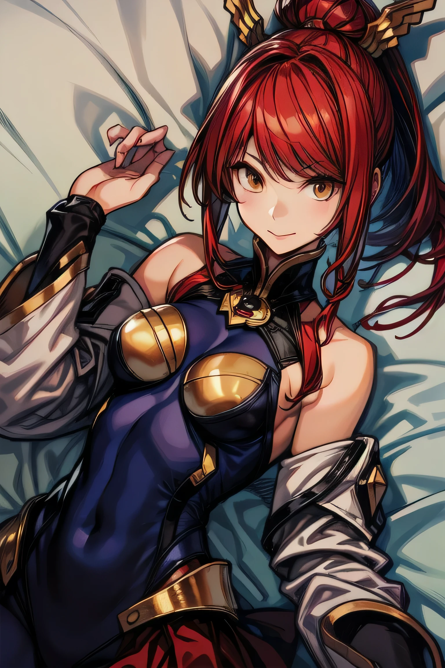 Izayoi (blazblue), orange eyes, red hair, ponytail, long hair, Small breasts, armor, bodysuit, boots, skin tight, skirt, thigh boots, thighhighs, 1girl, solo, facing viewer, looking at viewer, upper body, smile, lying down, lying on back
