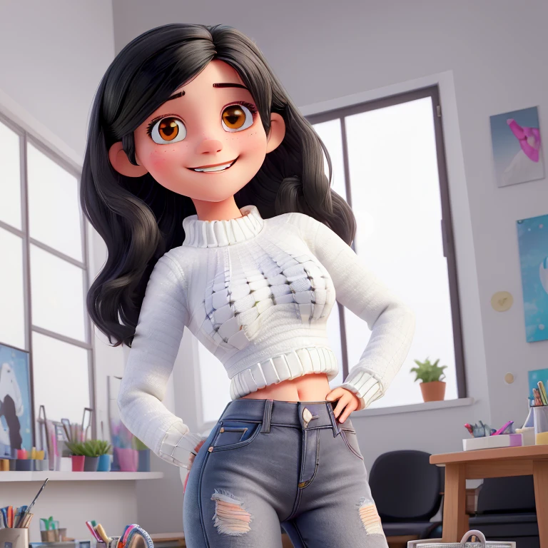 (best quality, highres),beautiful girl with medium straight black hair,dark eyes,wearing jeans and white cropped sweater,smiling while crocheting in her studio, big breasts