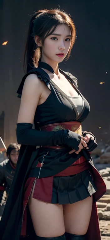 (In the Dark: 1), (Best Quality), (Realisticity: 1), Cinematic poster, Realistic skin texture, Highly detailed, 8K Wallpaper, Volumetric lighting, Dynamic lighting, girl with, Long black ponytail hair, black robes　voluptuous breasts, Red Belt, small amount of armor, Shoulder Armor, waist guard, hand guards, veils, holding a long sword in front of you,Holding a trench sword, (((lifting skirt to expose beautiful wet hairy pussy))), Ancient Chinese style, short sword at waist, attack posture, blood stain, broken clothes, ancient Chinese battlefield, a group of ancient soldiers chasing and killing, arrows flying, war is flying, Night, dramatic compositions, Sword qi surrounding, rich background details, war,