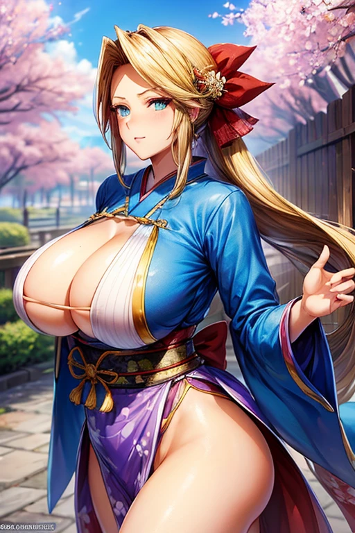 ((woman,(huge breasts:1.8), very red lips,huge breastsを強調,big ass,thin waist,long legs,Are standing,greenish blue eyes)) 8K(((((anime style face,(anime style faceの描写しっかり))8K(((break,break顔,handsome face,A dashing face,There are cherry blossoms,The wind is blowing))) 8K(((Clear body lines,Tight-fitting clothing,Clothes that show off your bust,胸のラインがはっきりTight-fitting clothing))) 8K(((japanese costume,kimono,european style costume,Tight fitting clothes,Clothes that fit tightly to the body,Clothes that show off your body lines))) (1 girl:1.2), alone, Hime cut,伝統的なjapanese costume, soft smile