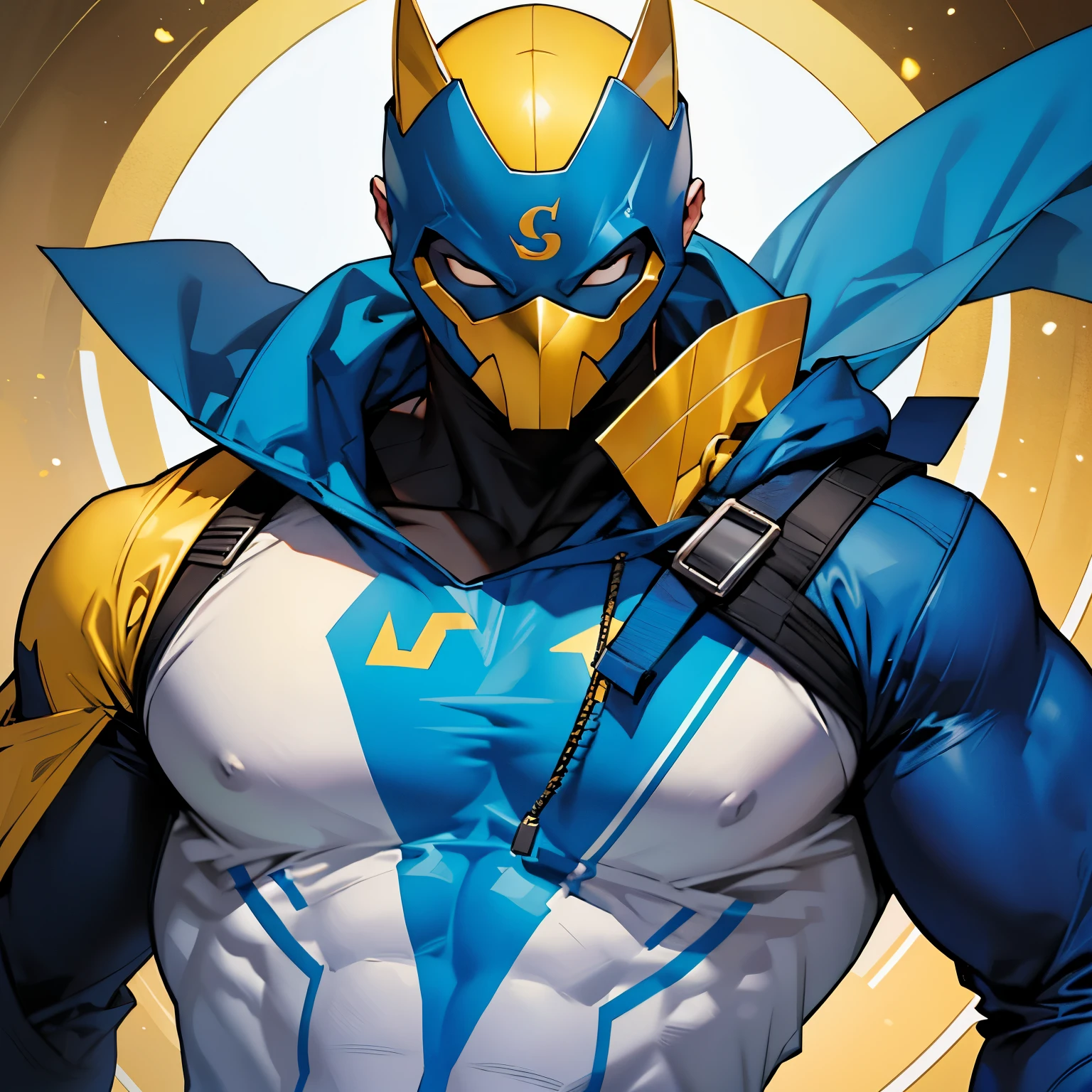 Create a superhero who wears a mask that doesn't cover his mouth or hair, e tem seu uniforme de cor azul com detalhes amarelos, its symbol is a golden ray on the chest