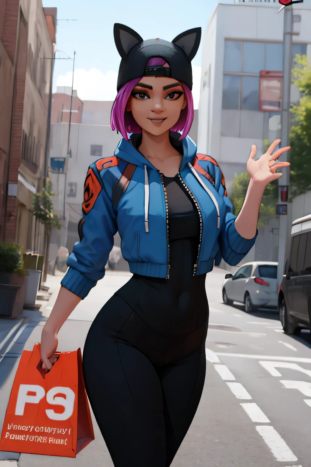 Leggins lince negro con chaqueta azul con negro sonriendo