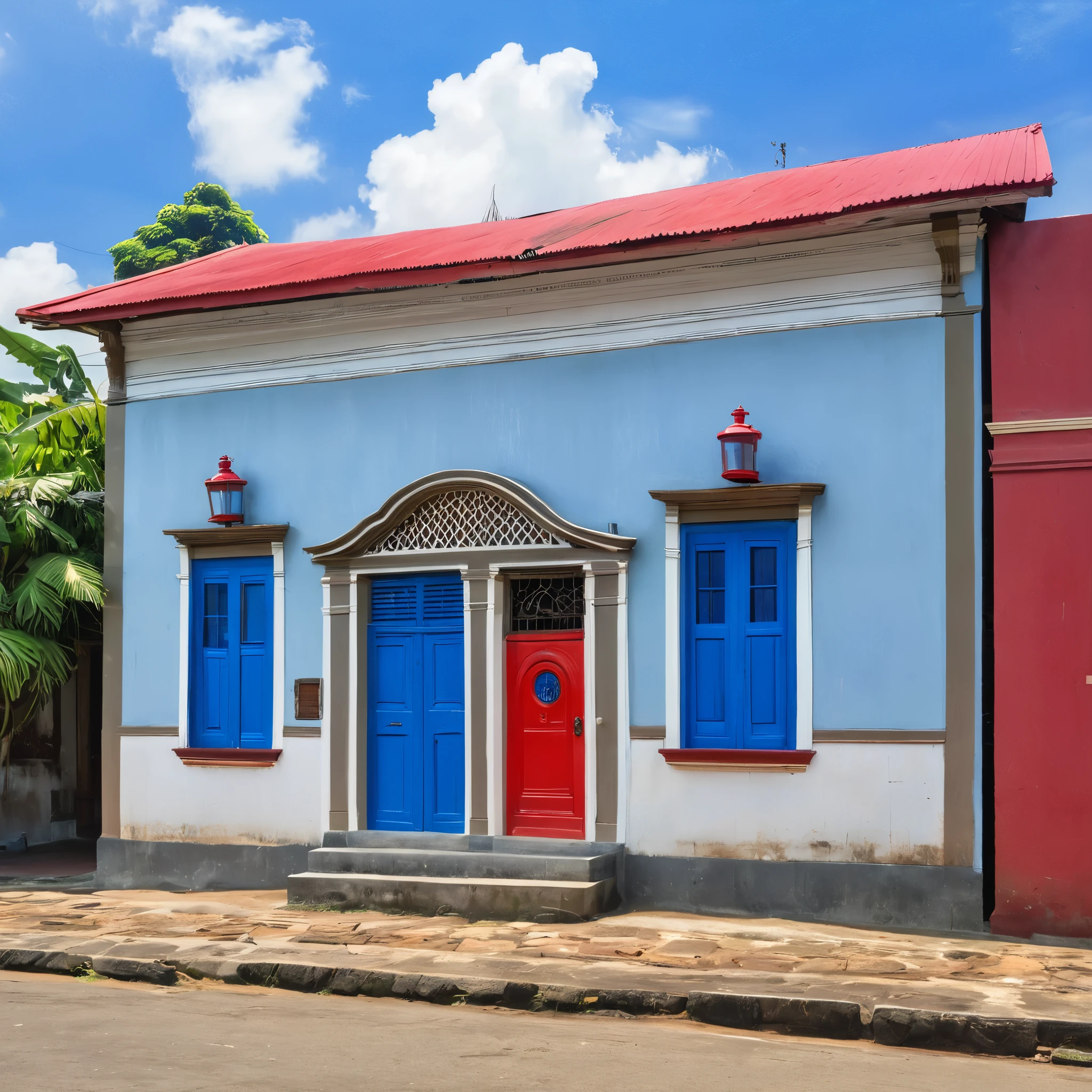 there is a small building with a blue door and a red fire hydrant, old building, arsitektur nusantara, colonial house in background, frontview, old house, front view, front-view, eliran kantor, exterior view, front side view, historical image, front side, outside view, kuntilanak, preserved historical, street view