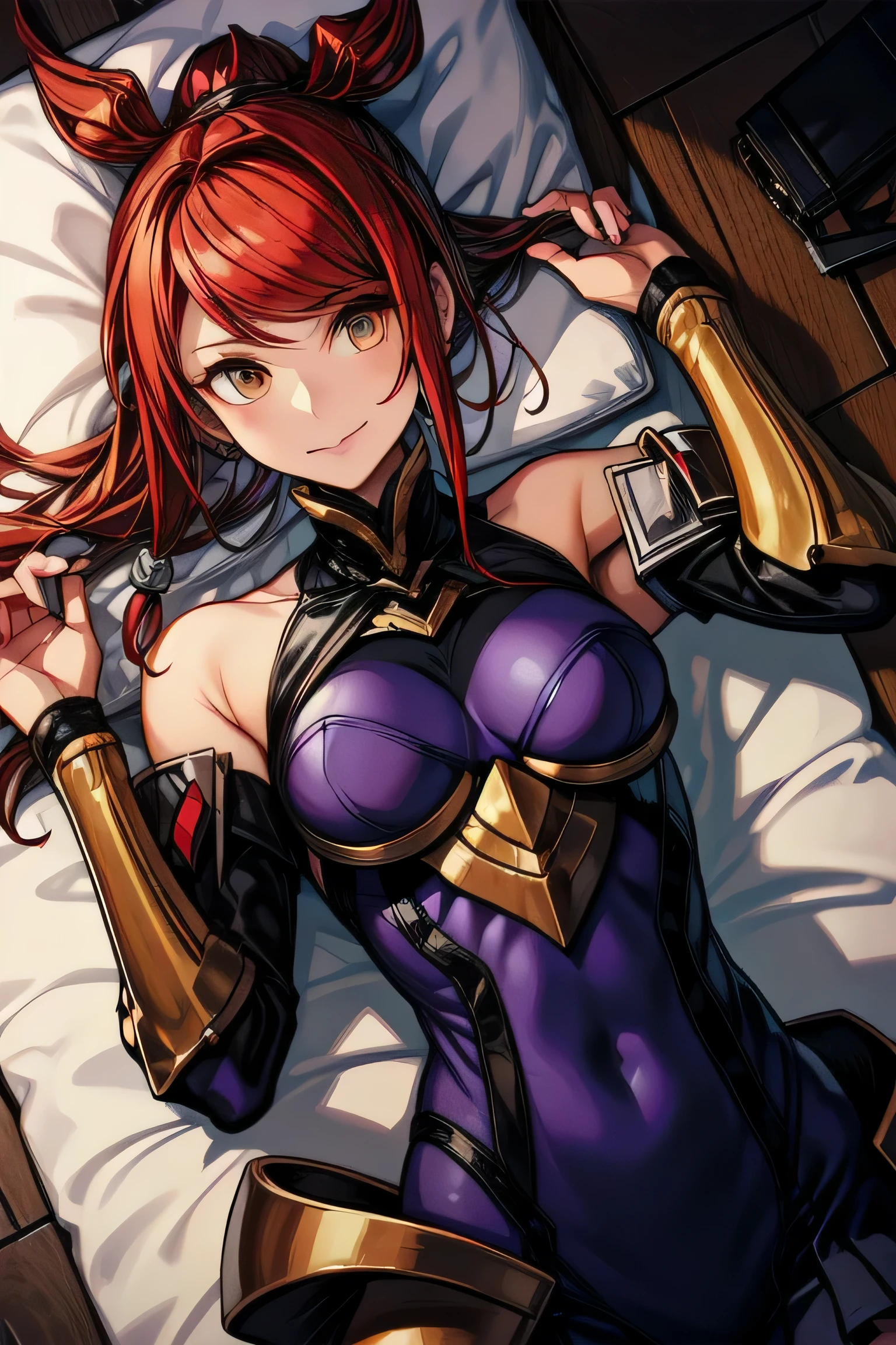 Izayoi (blazblue), orange eyes, red hair, ponytail, long hair, Small breasts, armor, bodysuit, boots, skin tight, skirt, thigh boots, thighhighs, 1girl, solo, facing viewer, looking at viewer, upper body, smile, lying down, lying on back
