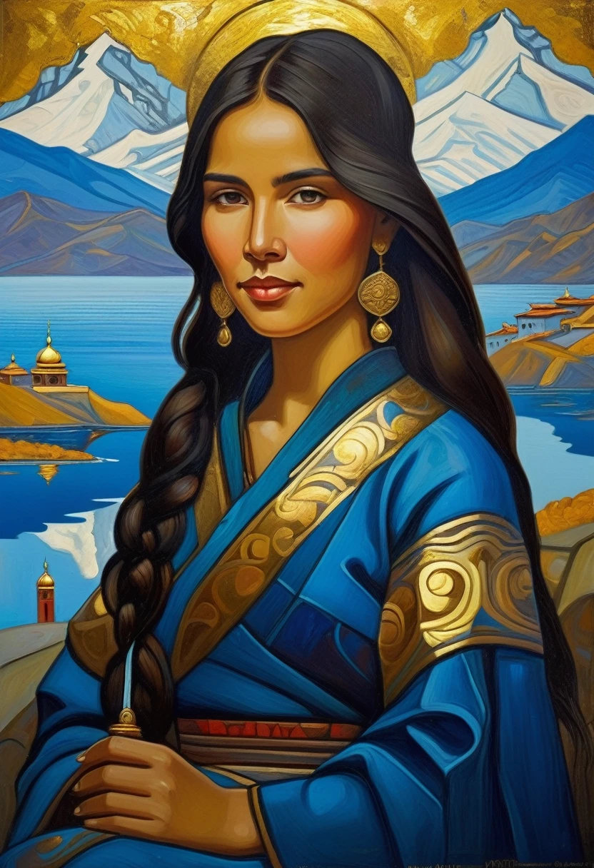 (The art of gold leaf): 1girl((Nicholas Roerich style)), dark colotfull naive Renaissance, oil painting knife, ((best quality, masterpiece)), (high detail), impressionism:1.1, 8k