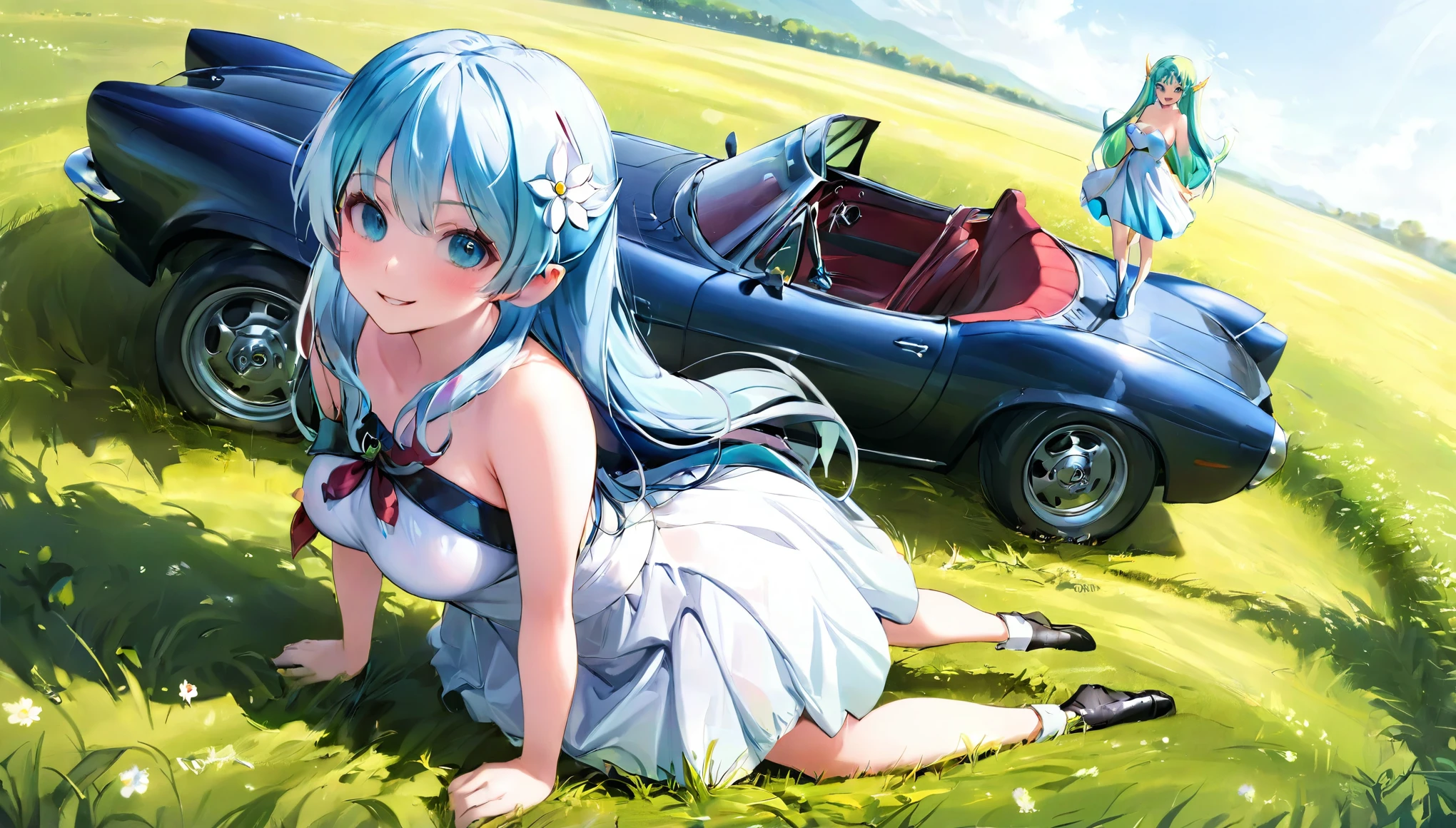 (masterpiece, best quality), 1 elven girl, ( bare breasts, thigh), (light blue hair, twin tails ,very long hair is fluttering in the wind), full body, hand on hip , hair between eyes, multi colored hair,hair flower ornament ,(blush, smile, aqua eyes), open mouth, elf dress, white dress , strapless dress, (Open the front of the dress chest very wide), large breasts, pointed ears, car , the car is roadster , standing next to the car, grassland