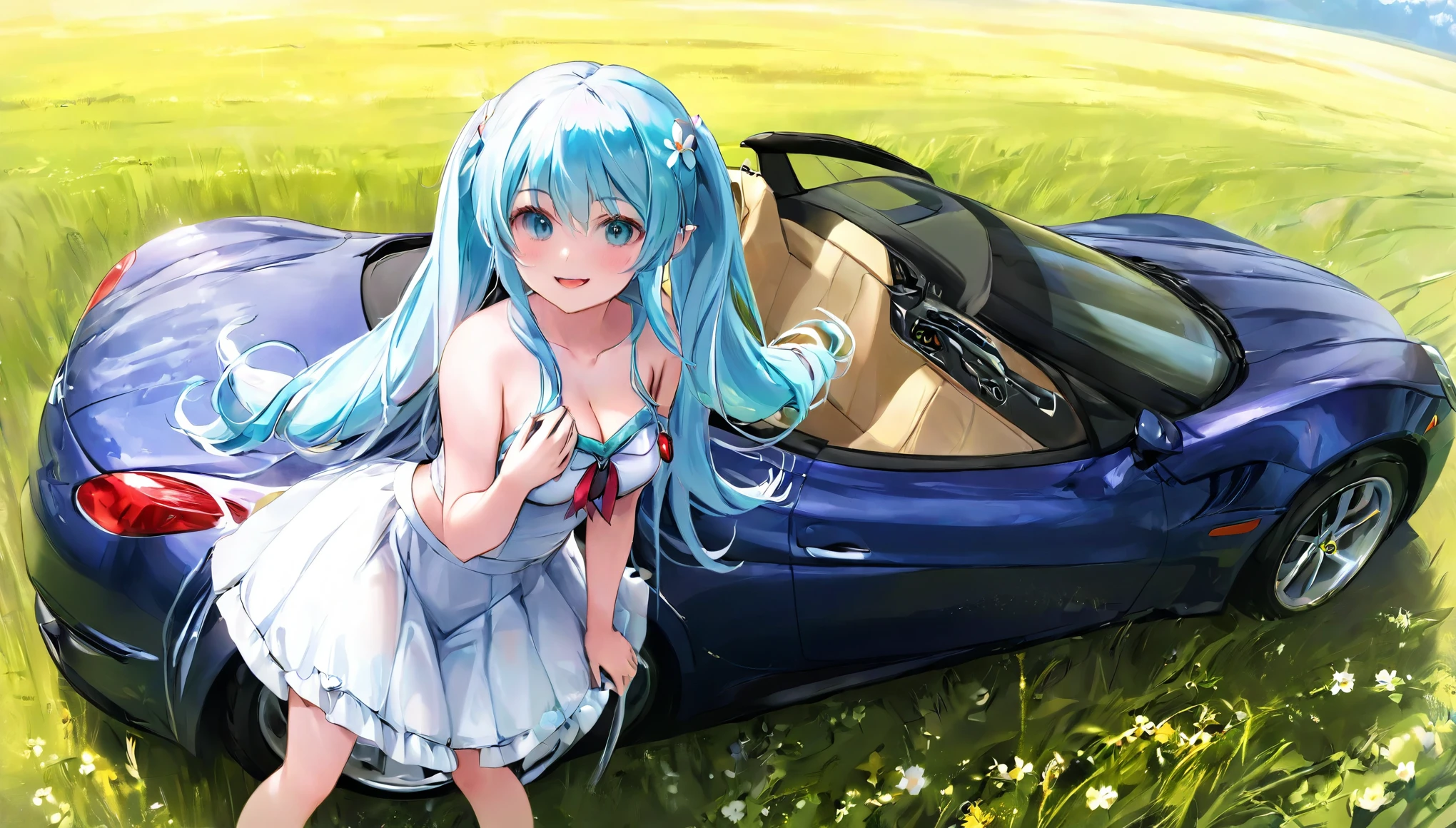 (masterpiece, best quality), 1 elven girl, ( bare breasts, thigh), (light blue hair, twin tails ,very long hair is fluttering in the wind), full body, hand on hip , hair between eyes, multi colored hair,hair flower ornament ,(blush, smile, aqua eyes), open mouth, elf dress, white dress , strapless dress, (Open the front of the dress chest very wide), large breasts, pointed ears, car , the car is roadster , standing next to the car, grassland