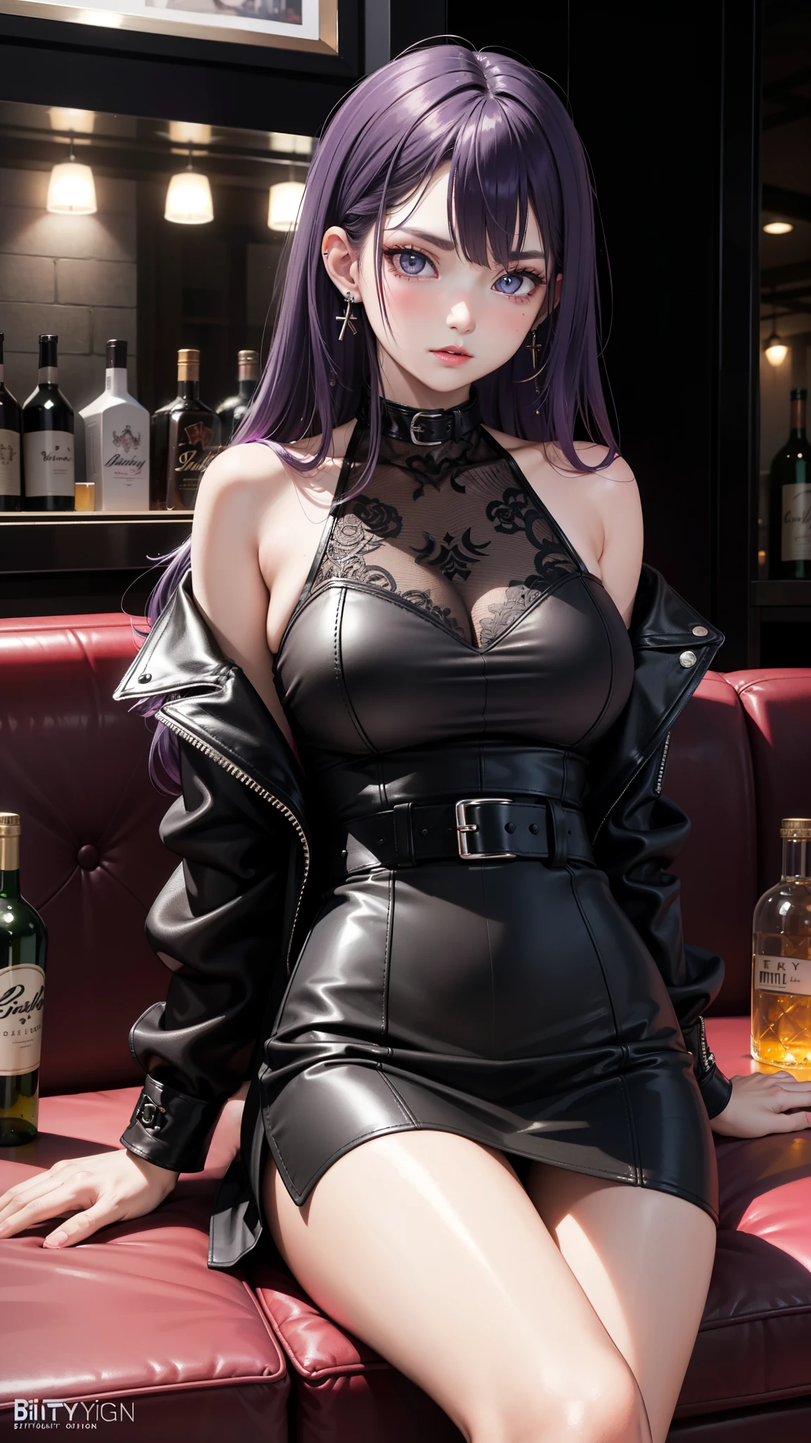 (best quality:1.1), (Masterpiece:1.2), High quality shadow, beautiful details, Beautiful face, detailed eyes, depth of field, high resolution, best shadow, best light, 1 girl, see the audience, shiny purple hair, smooth, blunt, long hair, ruby pink ดวงตา, shy, very big breasts, pump, Single strap shirt, black leather jacket, black leather skirt, table, mirror, liquor bottle, night time, rift,  Fierce eyes, pub bar background, sexy, cool, throw, Cool ,Ear jewelry, Sitting cross-legged, sofa , bitch