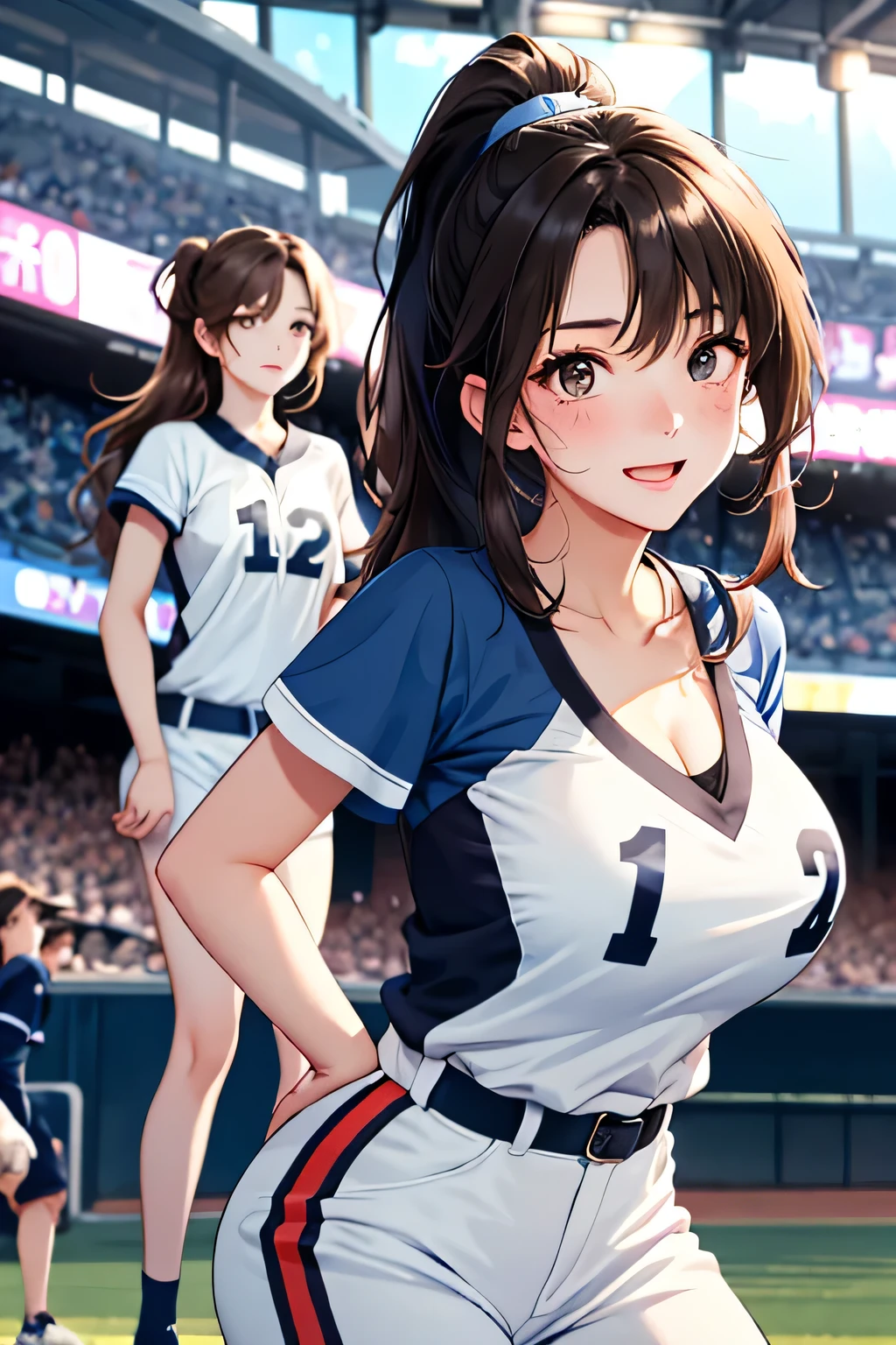 (highest quality:1.4)、(High resolution)、detailed background、(detailed beautiful face:1.4)、anatomically correct、(Depict the normal number of fingers:1.2)、(detailed facial expressions)、beautiful and smooth skin、age beauty、(two women)、(huge breasts:1.3)、Cute hair colors、brown hair、ponytail、baseball Ground、Intense support and an enthusiastic atmosphere、Sexy sheer baseball uniform、No sleeve、emphasize cleavage、I'm cheering for them enthusiastically.、Cowboy shot from diagonal side、
(Two beautiful girls excitedly watch a sports game in the stands:1.5)、
(I'm extremely excited、raise your arms、stretch your arms、show one's side)、
Eyes wide open、Mouth slightly open or smiling、A part of the body is moving slightly、
Your hands are shaking slightly or your body is swaying back and forth、A slight redness on the face and neck due to an increased heart rate