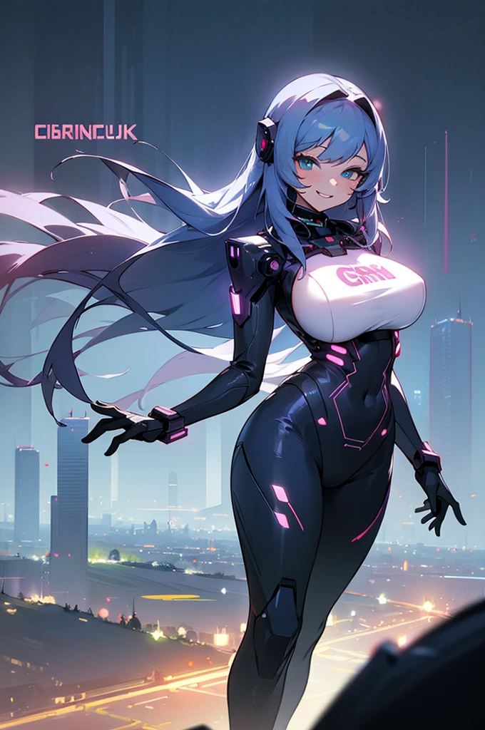 Best quality, (masterpiece:1.2), 1girl, night city wear, massive breast, perfect body, standing, smile, grinning expression, landscape is cyber punk city