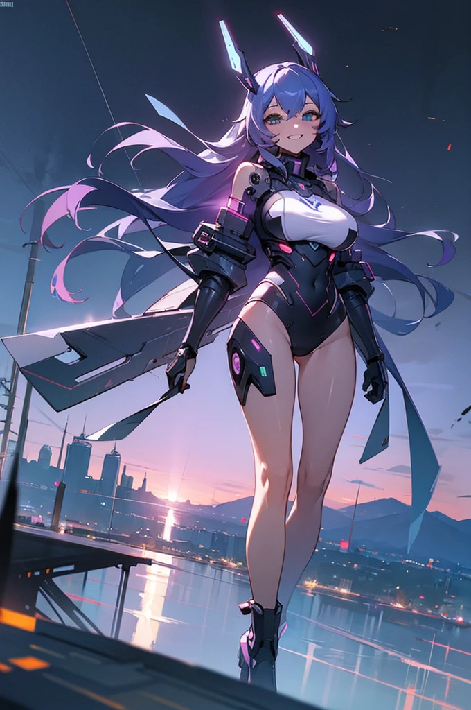 Best quality, (masterpiece:1.2), 1girl, night city wear, massive breast, perfect body, standing, smile, grinning expression, landscape is cyber punk city