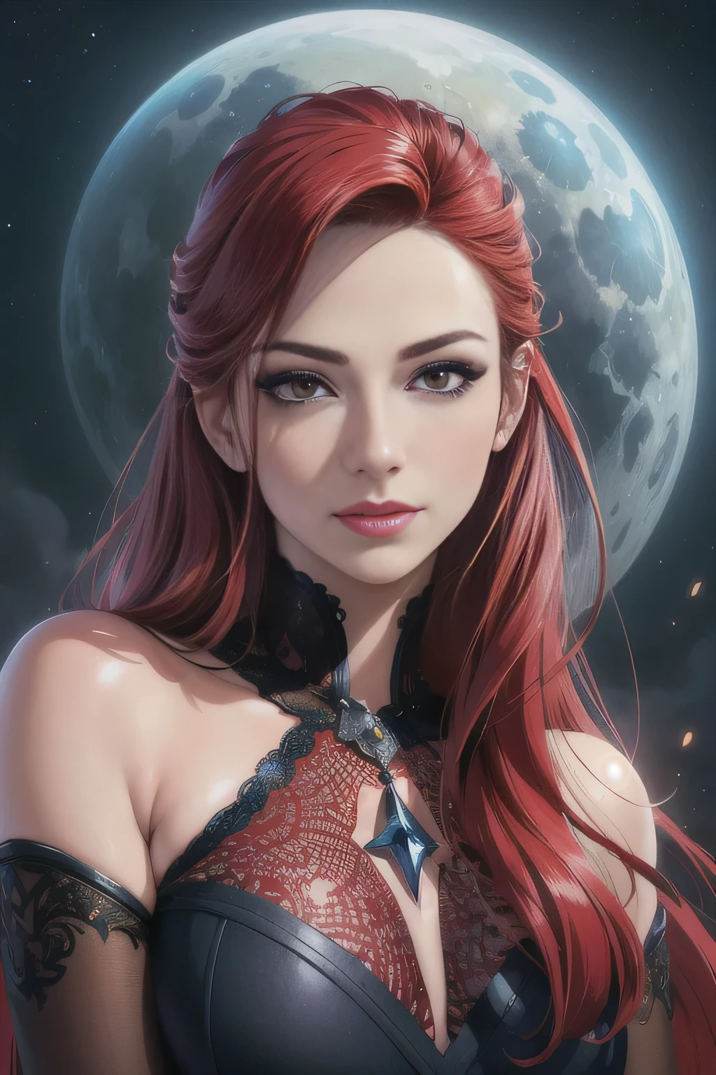 portrait shot, ((vivid red hair)), mature woman, 30 years old, diamond face, moonlight, red starry sky background, depth of field, magic, big red lips, ((dark and red black eyes)) black and red long and full dress, covered chest, mystical atmosphere, ominous shadows, Intense blue aura, Intense red aura (best quality:1.2), absurdres, intricate details, (highly detailed skin:1.2), smile expression, posing, taut and well defined body, attractive. Highly realistic, pale skin, beautiful, hyperrealism, skin very elaborated, direct gaze, (RAW, analogue, Nikon Z 14mm ultra-wide angle lens, award-winning glamour photograph, ((best quality)), ((masterpiece)), ((realistic)), skin pores, subsurface scattering, high-res, detailed facial features, high detail, sharp focus, smooth, aesthetic, extremely detailed, (extremely detailed eyes, extremely detailed iris), extremely detailed hair, extremely detailed skin, extremely detailed clothes, octane render, photorealistic, realistic, post-processing, max detail, realistic shadows, roughness, natural skin texture, real life, ultra-realistic, photorealism, photography, 8k UHD, photography, hdr, intricate, elegant, highly detailed, sharp focus, stunning, beautiful, gorgeous), realistic, masterpiece, highest quality, movie still, cloud girl, floating in the sky, (close-up:1.1), medium breast, bright, happy, fun, soft lighting,
