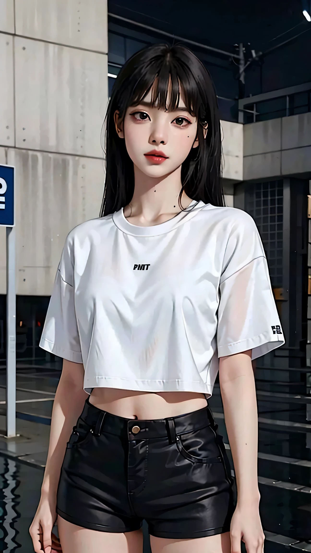 Beautiful woman with wavy hair, delicate and charming eyes, thigh notch, sexy long legs, t-shirt in small shorts, beautiful futuristic cyberpunk + city, mist, damp, rain, best quality masterpiece, realistic, detailed, 8k, HDR, shallow depth of field, wide light, high contrast, backlight, flood, flash, chromatic aberration, sharp focus, RAW color photo