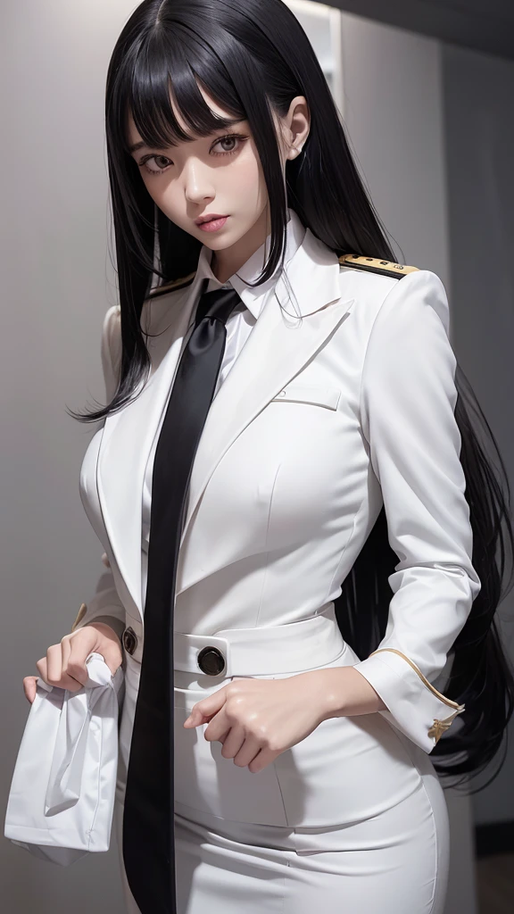 Beautiful girl with two meter long hair, long black hair, wearing a white women&#39;s suit, Wear a suit over the outside., (white women&#39;s suit), (white shirt), (Thai women&#39;s short black necktie), (Military rank insignia), (Short white pencil skirt), tight, (dynamic post), full body, (Huge breasts, thin body, small waist, hips raised, small thighs, Long legs), A gigantic rift, black high heels, Short white pencil skirt, สวมbusiness woman suit, business woman suit, military regalia, Military rank insignia, Business woman wearing a white suit