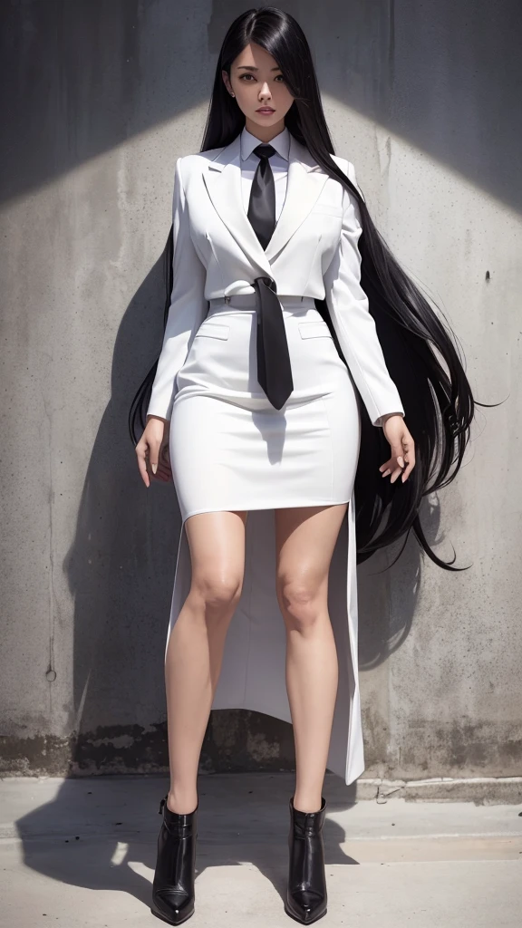 Beautiful girl with two meter long hair, long black hair, wearing a white women's suit, Wear a suit over the outside., (white women's suit), (white shirt), (Thai women's short black necktie), (Military rank insignia), (Short white pencil skirt), tight, (dynamic post), full body, (Huge breasts, thin body, small waist, hips raised, small thighs, Long legs), A gigantic rift, black high heels, Short white pencil skirt, สวมbusiness woman suit, business woman suit, military regalia, Military rank insignia, Business woman wearing a white suit