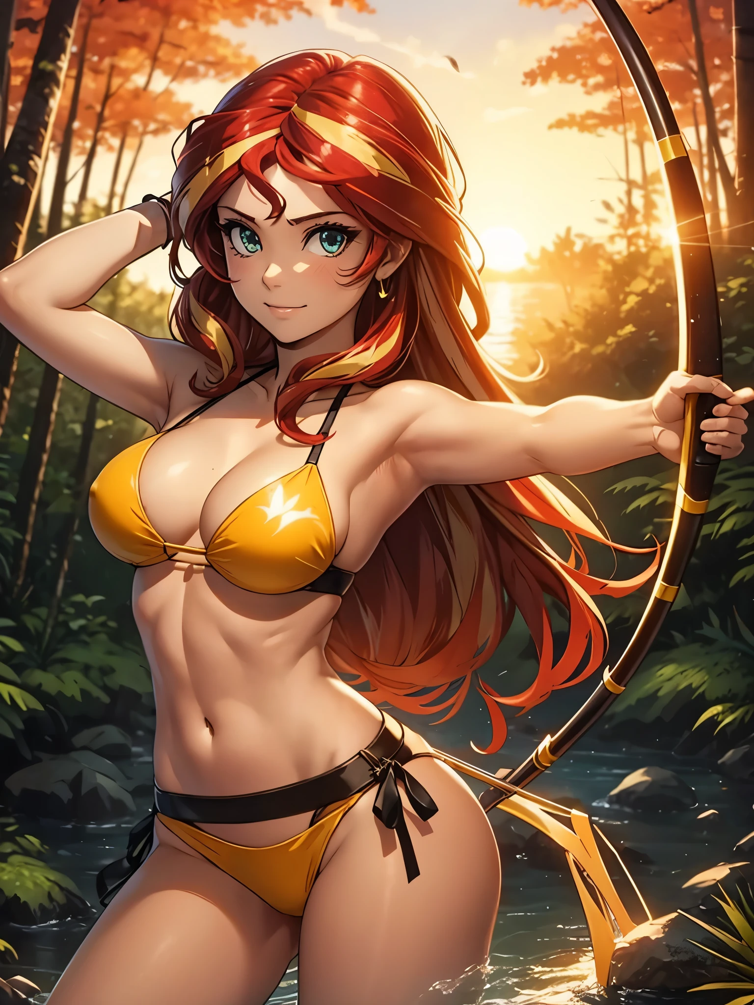 sunset shimmer wearing a skimpy bikini, underboob, in a forest, aiming a bow and arrow