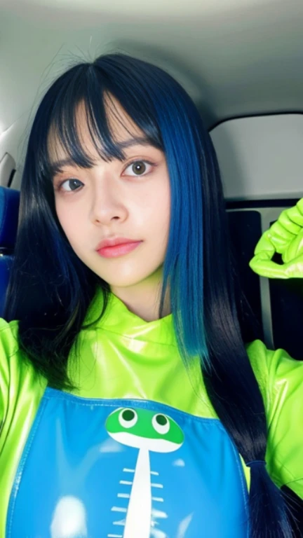 live-action　Alien girl kindergartener　Inside the spaceship　antenna　Hair Color Blue　Clothing color: Yellow　Green Eye　whole body　Multiple people　hairstyle long straight hair　Latex Blue　Enamel costume　Japanese 8k
