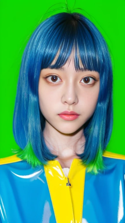 live-action Alien girl kindergartener Inside the spaceship antenna Hair Color Blue Clothing color: Yellow Green Eye whole body Multiple people hairstyle long straight hair Latex Blue Enamel costume Japanese 8k