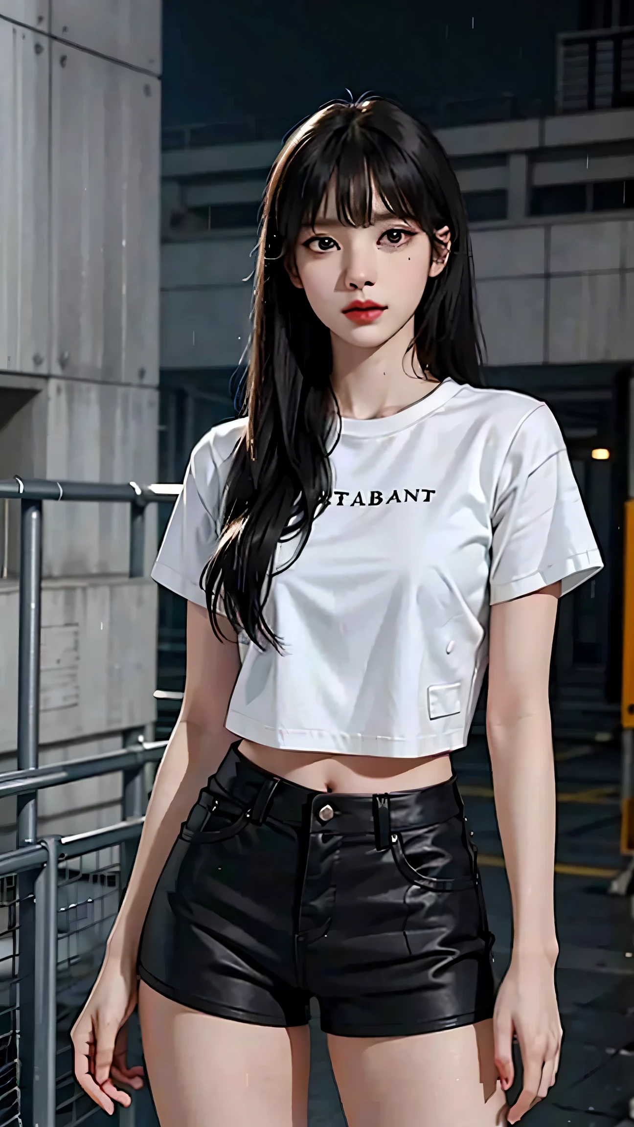 Beautiful girl with realistic black eyes, pale skin, medium length black hair, perfect face, perfect eyes, (Short black hot pants), (((Tight white t-shirt))), very detailed, comprehensive movie, digital painting, 8K, cinematic lighting, highest quality, High resolution, well done!, Post-processing, perfect result, surreal，(((revealing clothes)))，big breasts,(rain), wet,(NSFW:0.8)