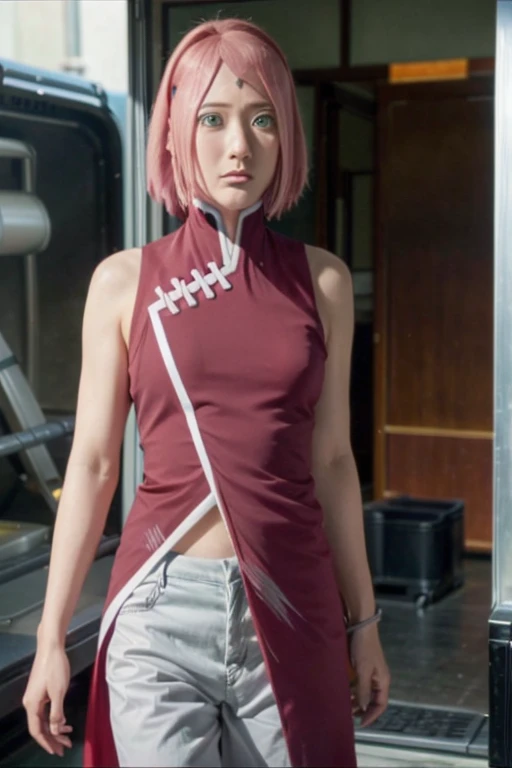 Real life adaption of this character,Asian beauty , realistic same hair, realistic outfit, realistic light, realistic shadow, hyper realistic, realism, realistic background,(photorealistic:1.2),green eyes color. Sakura / Sakura Haruno (Sakura Haruno) / [Boruto: Naruto Next Generation,1girl ,white pants ,best quality ,ultra Higd ,detail realistic ,HDR pro