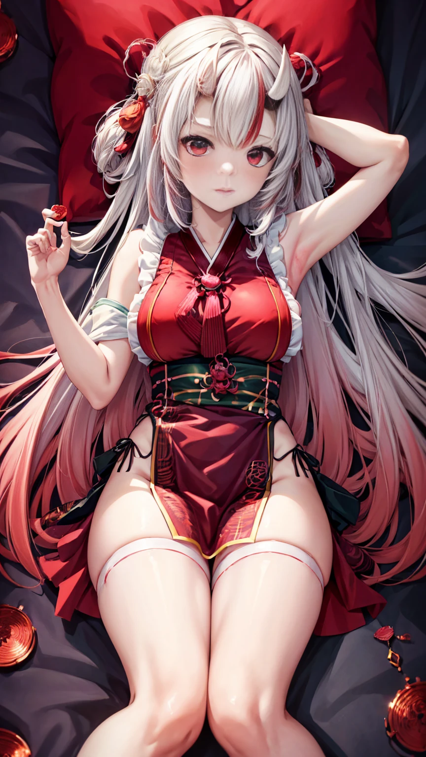 Anime girl sitting on chair, cute anime waifu in beautiful dress, azur lane style, Guweiz in Pixiv ArtStation, trending on artstation pixiv, Guweiz on ArtStation Pixiv, Anime goddess, onmyoji, trending on cgstation , anime style4 K, Guviz, perfect body, perfect breasts,((Best quality, 8k, Masterpiece :1.3)), Sharp focus :1.2, lewd face and holding a condom, ((hand between legs)), wearing legs, fishnet stockings, ((perfect face)), apron, nude, no underwear, slightly bent,hand between the legs, show pantie ,