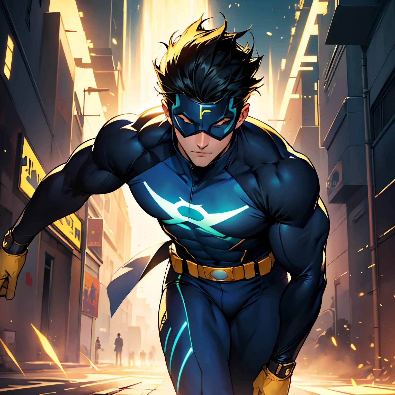 Create a superhero running at super speed by releasing golden rays from his body, whose uniform is dark blue with gold details, ele ostenta um raio dourado no peito, he wears a mask that covers his eyes and ears, tem um cabelo escuro e espetado, olhos brilhantes, ele esta com um semblante de raiva, the environment is dark with neon light spots