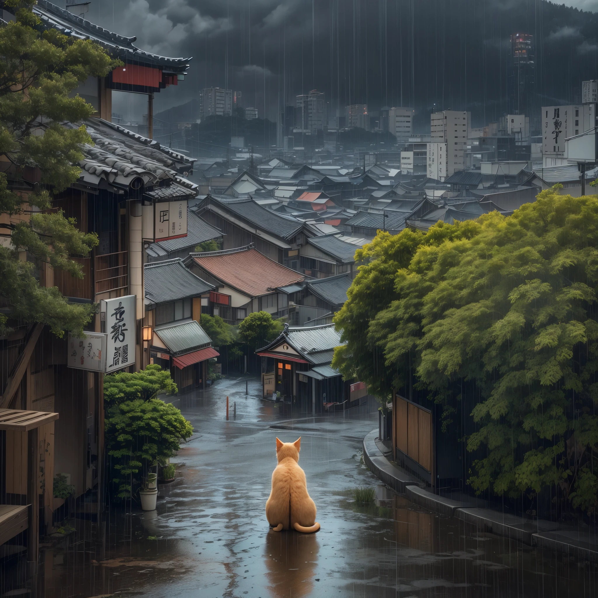 Cat,Japan, 山の中腹にあるJapan人街並み, overlooking the city, 近代Japan建築, Retro Japanese-style building, レトロなJapanのコンビニエンスストア, レトロなJapanのお店の看板, Japanの看板, flower pot, (no one: 1), unmanned, no one in sight, I don't have a car, Don't drive, rain, raining, heavy rainfall, Wet, puddle, dramatic rain, dramatic rain, heavy rain, lots of rain, rain drops, rain falling, rain drops falling, dark weather, Sun rising through the clouds, storm