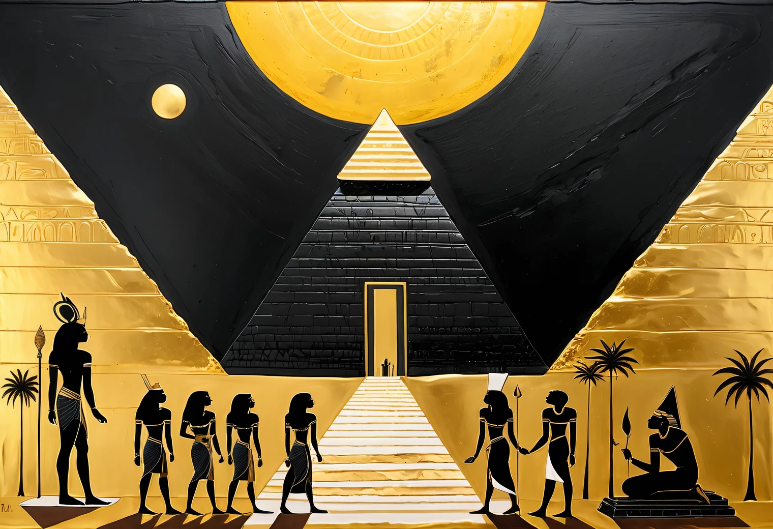 Gold Leaf Art, a unique painting combines the techniques of black graphite and gold leaf, and depicts an ancient Egyptian landscape with black graphite people worshipping the golden pyramid and the golden sun, a masterpiece, the work of a master, graphite and gold leaf, high definition