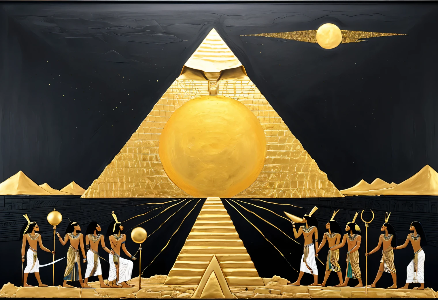 Gold Leaf Art, a unique painting combines the techniques of black graphite and gold leaf, and depicts an ancient Egyptian landscape with black graphite people worshipping the golden pyramid and the golden sun, a masterpiece, the work of a master, graphite and gold leaf, high definition