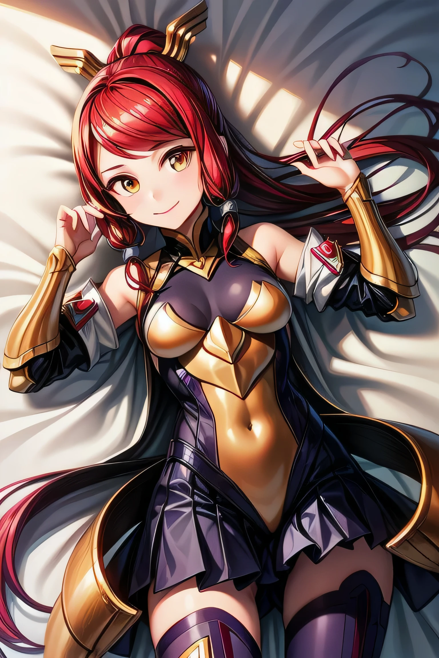 Izayoi (blazblue), orange eyes, red hair, ponytail, long hair, Small breasts, armor, bodysuit, boots, skin tight, skirt, thigh boots, thighhighs, 1girl, solo, facing viewer, looking at viewer, upper body, smile, lying down, lying on back 