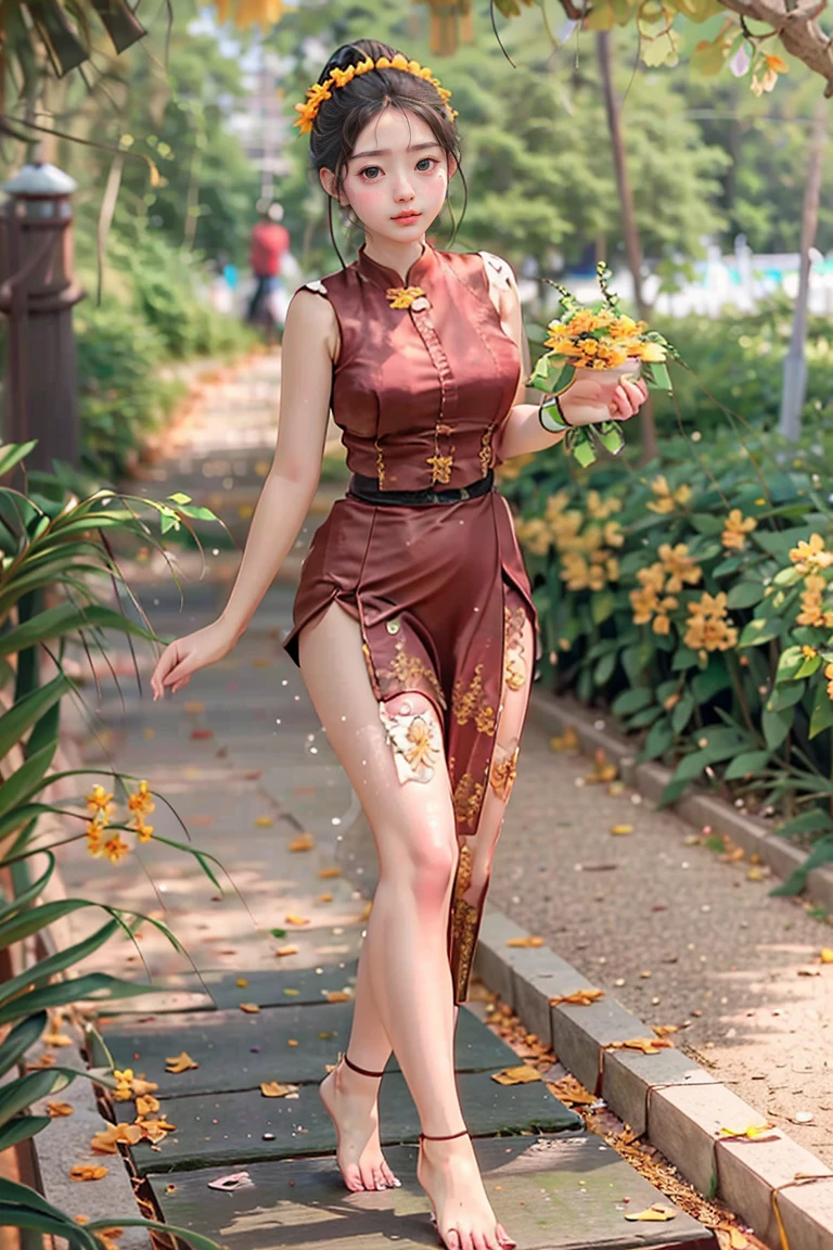 Burma's long-lasting body is full of sensuality, and the beauty of the body outline is too revealing. The long skirt she wears highlights her high hips. The beauty under the dress is so beautiful that the eye can see. She wears bright yellow flowers, smiles and water.