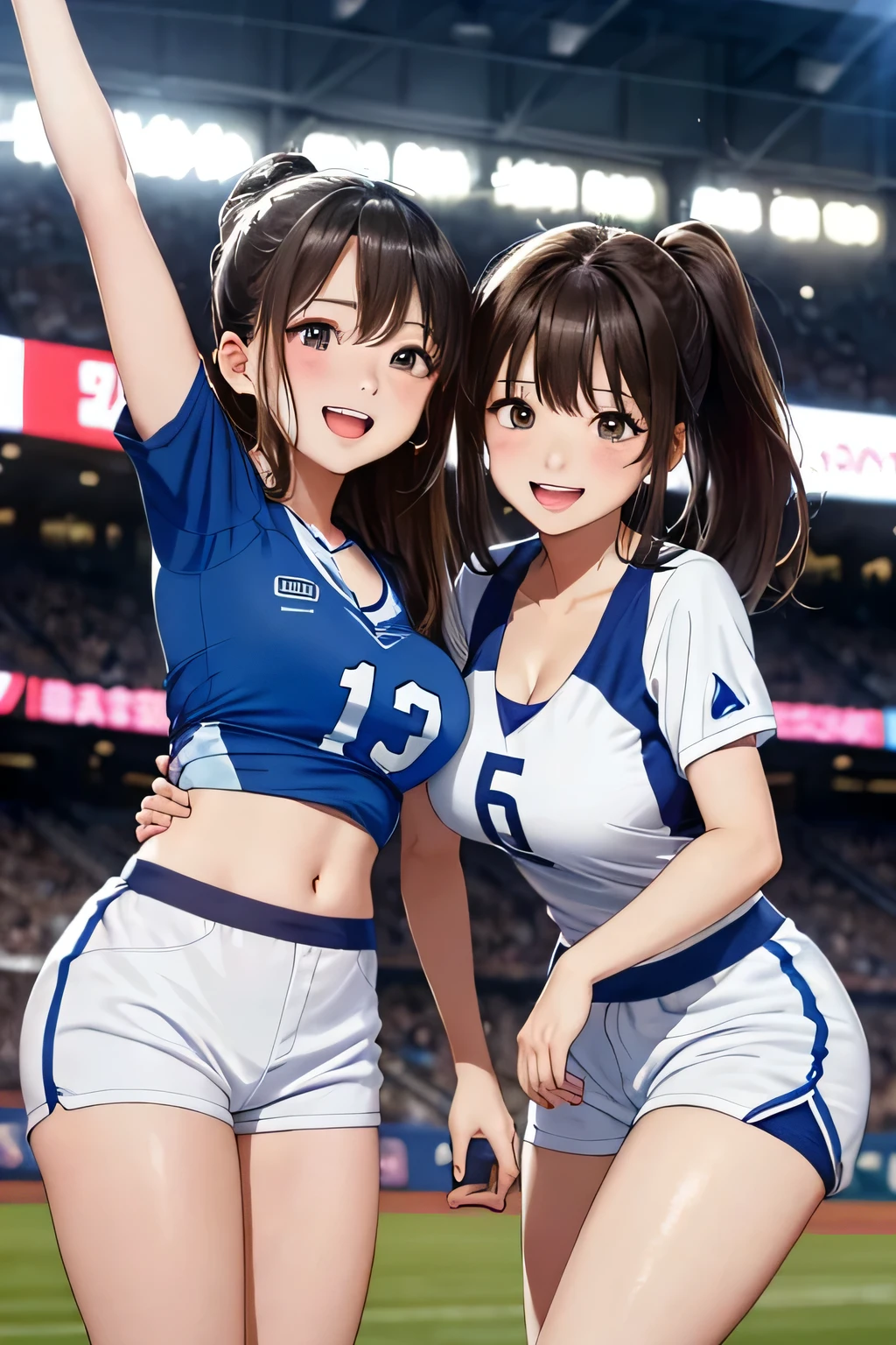 (highest quality:1.4)、(High resolution)、detailed background、(detailed beautiful face:1.4)、anatomically correct、(Depict the normal number of fingers:1.2)、(detailed facial expressions)、beautiful and smooth skin、Teenage beauty、(two women)、(huge breasts:1.3)、Cute hair colors、brown hair、ponytail、baseball Ground、Intense support and an enthusiastic atmosphere、Sexy sheer baseball uniform、No sleeve、emphasize cleavage、I&#39;m cheering for them enthusiastically.、Cowboy shot from diagonal side、

(Two beautiful girls excitedly watch a sports game in the stands:1.5)、
(I&#39;m extremely excited、raise your arms、stretch your arms、show one&#39;s side)、
Eyes wide open、Mouth slightly open or smiling、A part of the body is moving slightly、
Your hands are shaking slightly or your body is swaying back and forth、A slight redness on the face and neck due to an increased heart rate