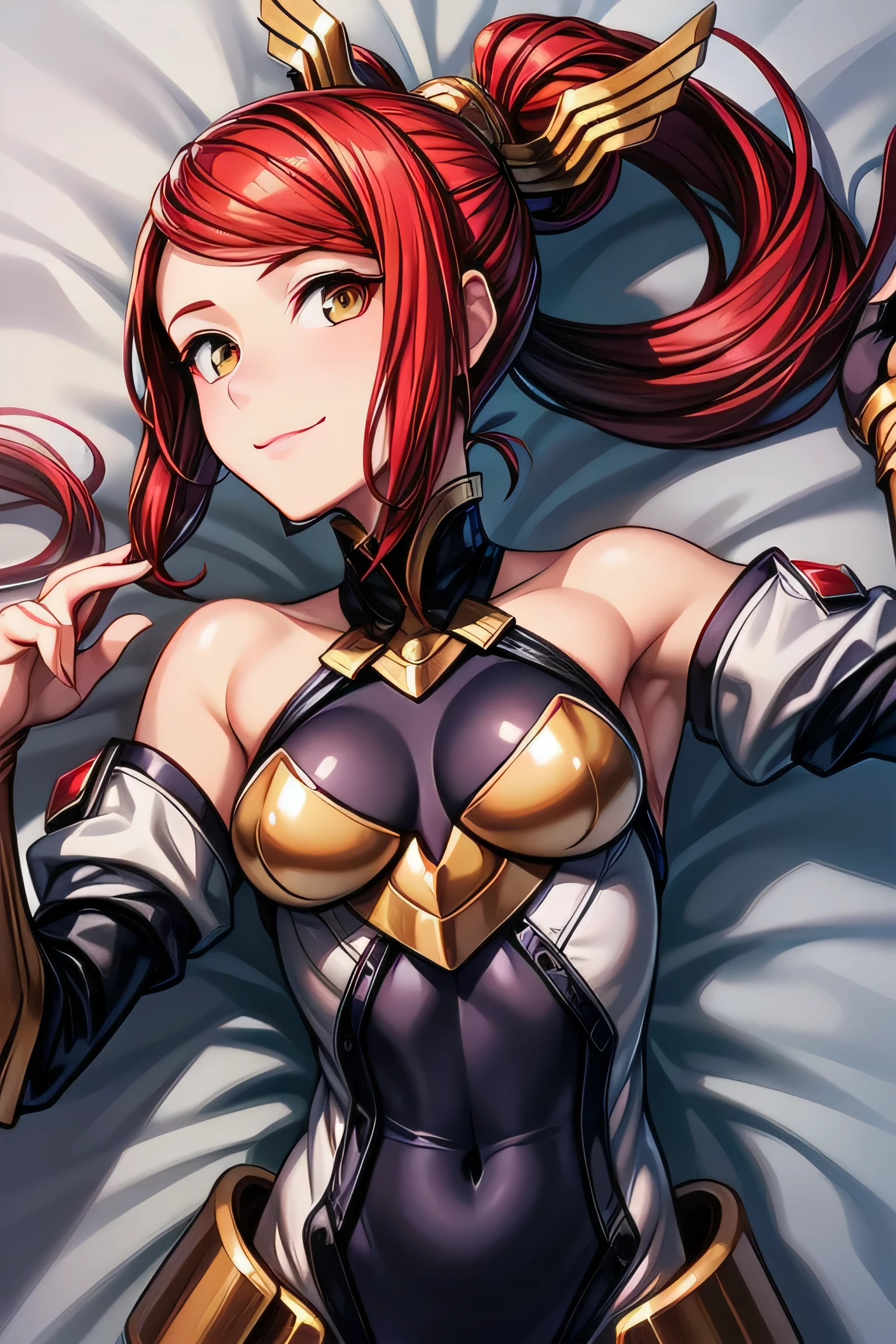 Izayoi (blazblue), orange eyes, red hair, ponytail, long hair, Small breasts, armor, bodysuit, boots, skin tight, skirt, thigh boots, thighhighs, 1girl, solo, facing viewer, looking at viewer, upper body, smile, lying down, lying on back 