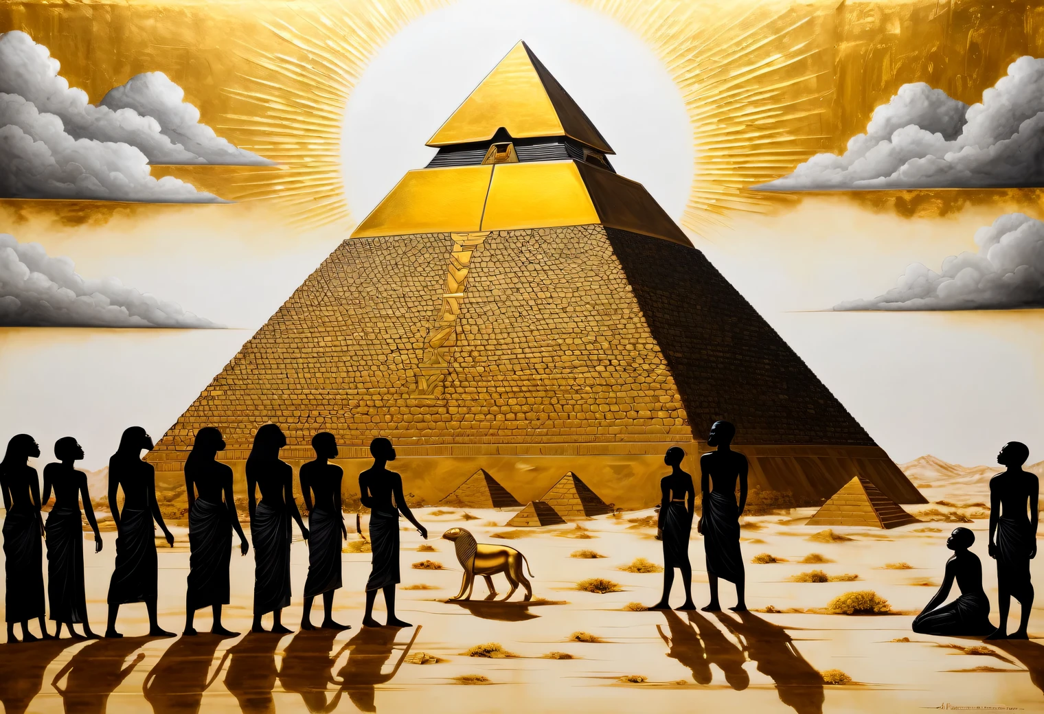 Gold Leaf Art, a unique painting painted in black graphite and gold leaf on a white background, depicts an ancient Egyptian landscape with black people worshipping the golden pyramid and the golden sun, white background, textured paper, masterpiece, masterwork, graphite and gold leaf, high definition